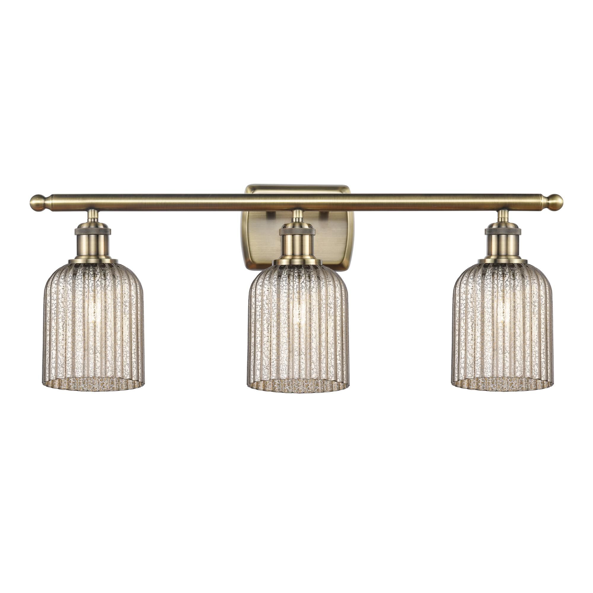 Shown in Antique Brass finish and Mercury shade