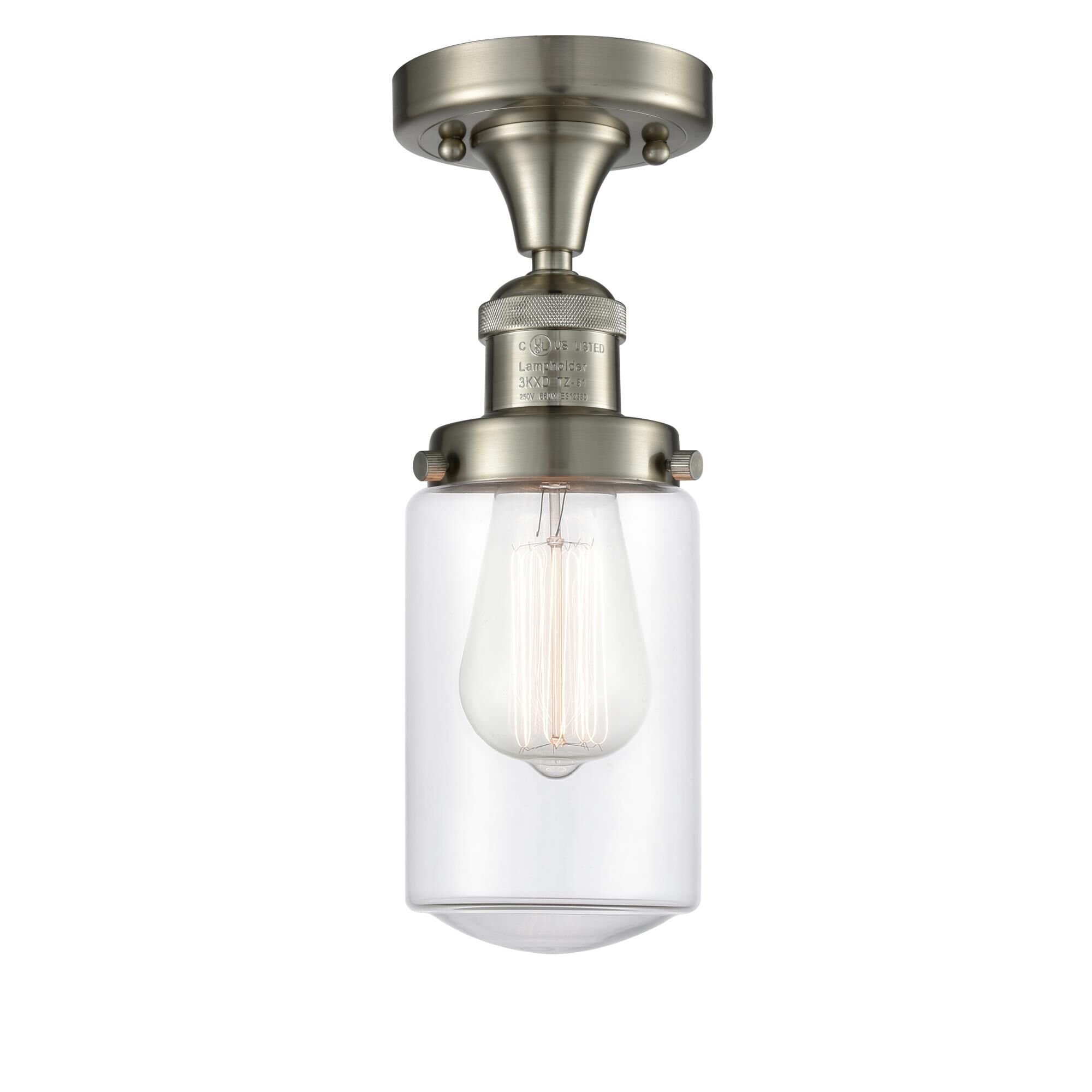 Shown in Brushed Satin Nickel finish and Transparent  Clear Dover glass and Bulb Tint - Amber accent