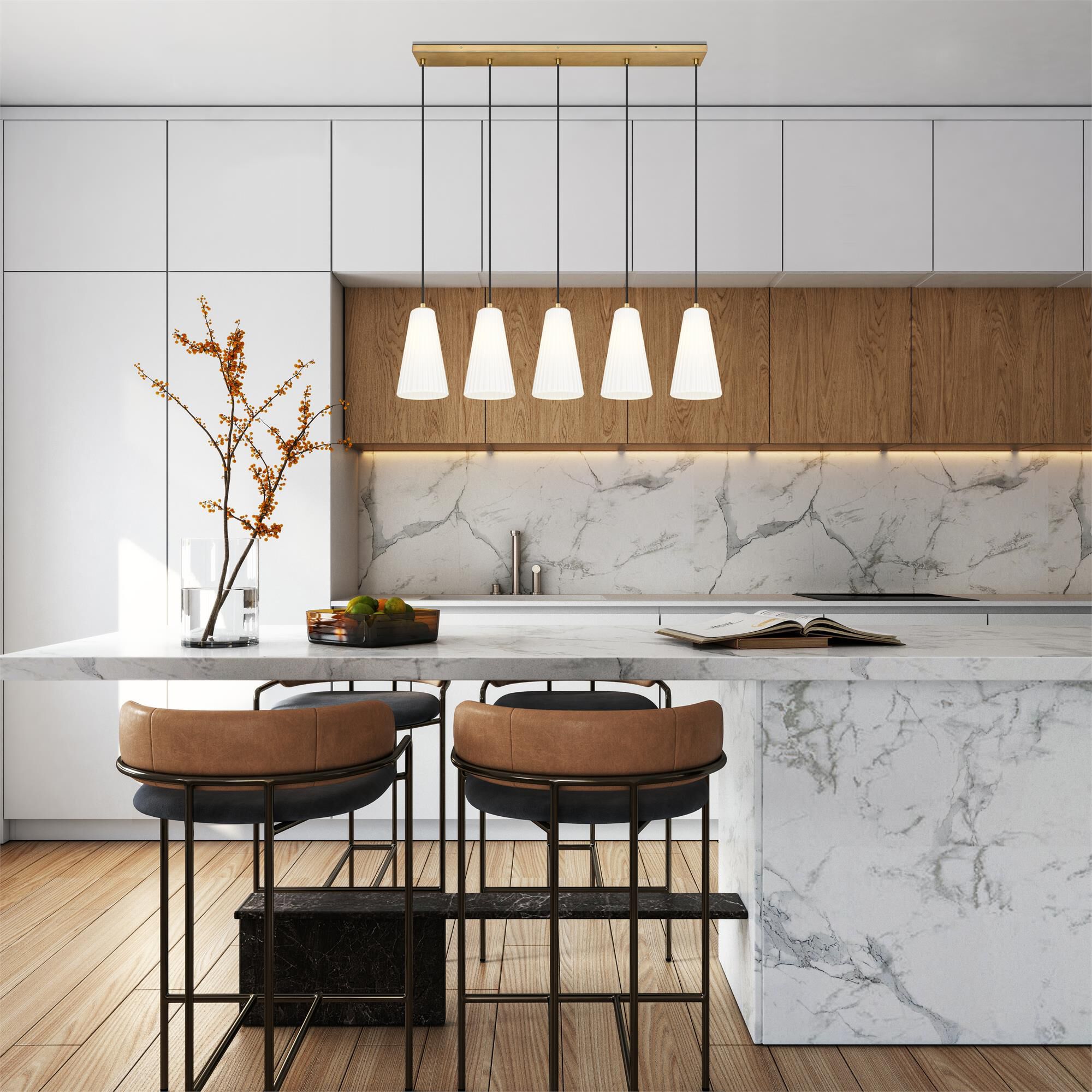 Shown in Modern Gold finish and White glass and White shade