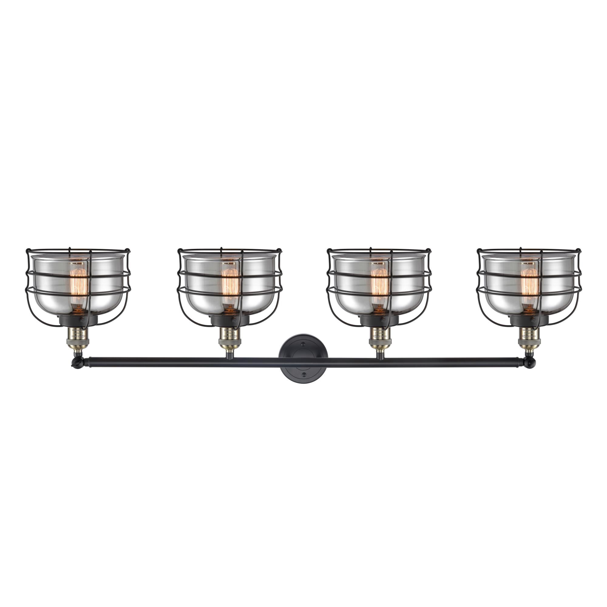Shown in Black Antique Brass finish and Plated Smoke Large Bell Cage glass and Matte Black accent