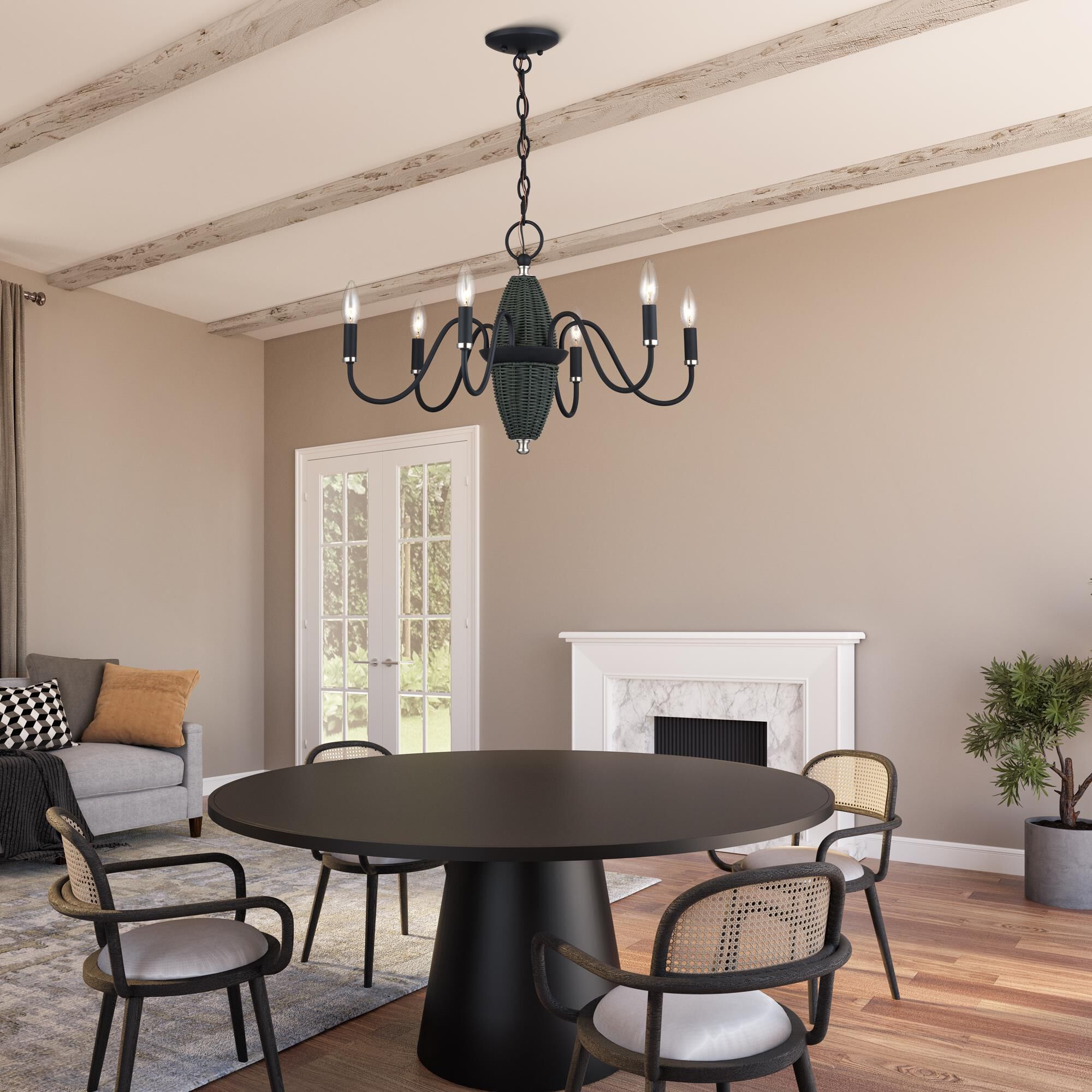 Shown in Black with Brushed Nickel Accents finish and Hand-Woven Charred Gray Color Rattan Column shade