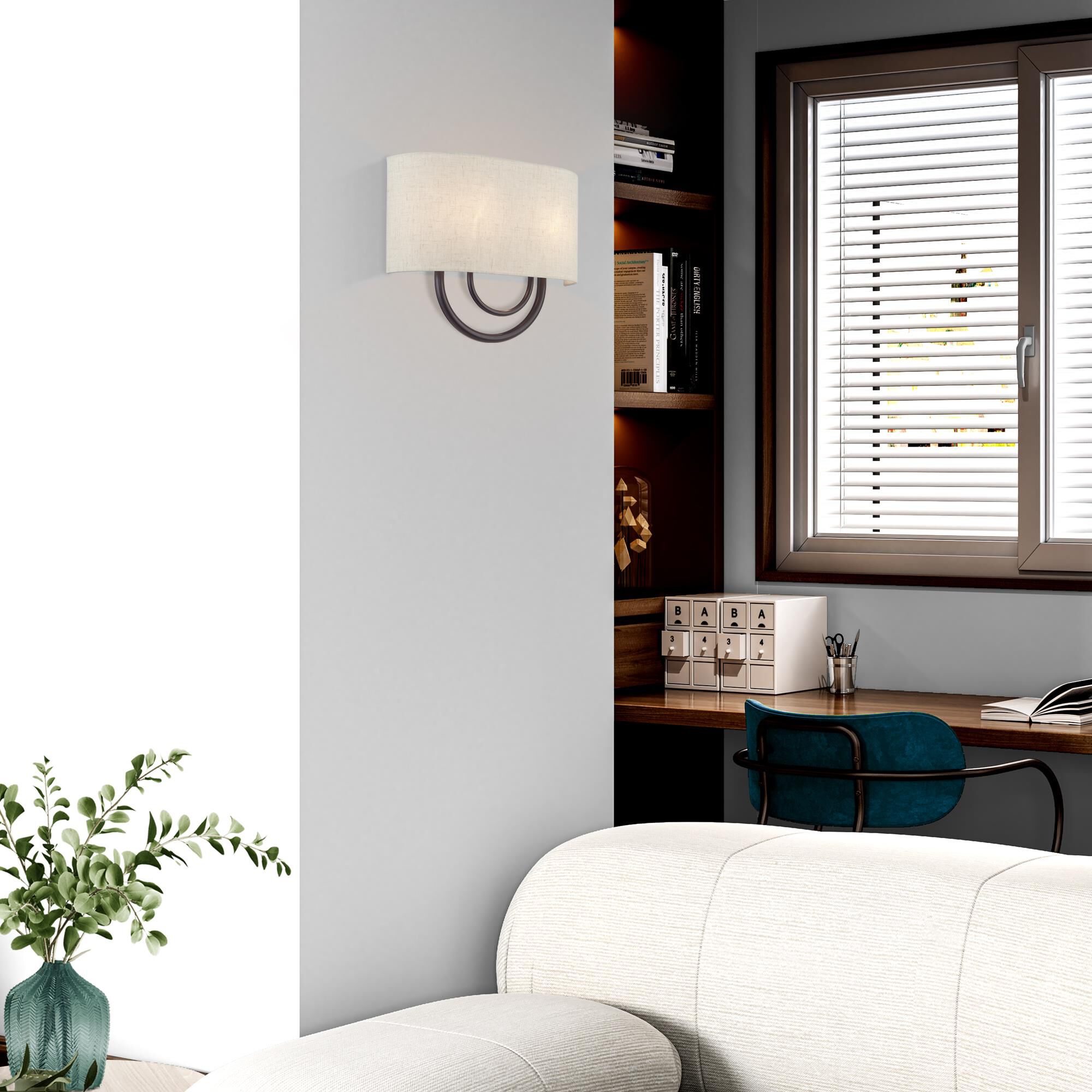 Shown in English Bronze finish and Hand Crafted Oatmeal Color Fabric Hardback with White Fabric Inside shade