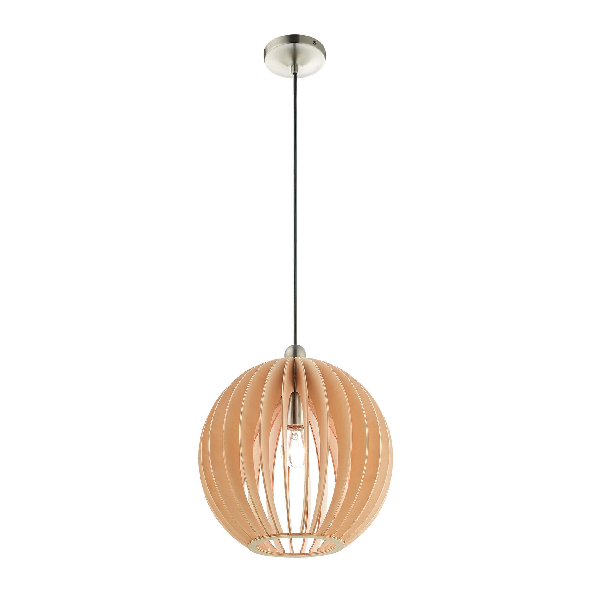 Shown in Brushed Nickel finish and Round Wood Shade glass and Round Wood shade