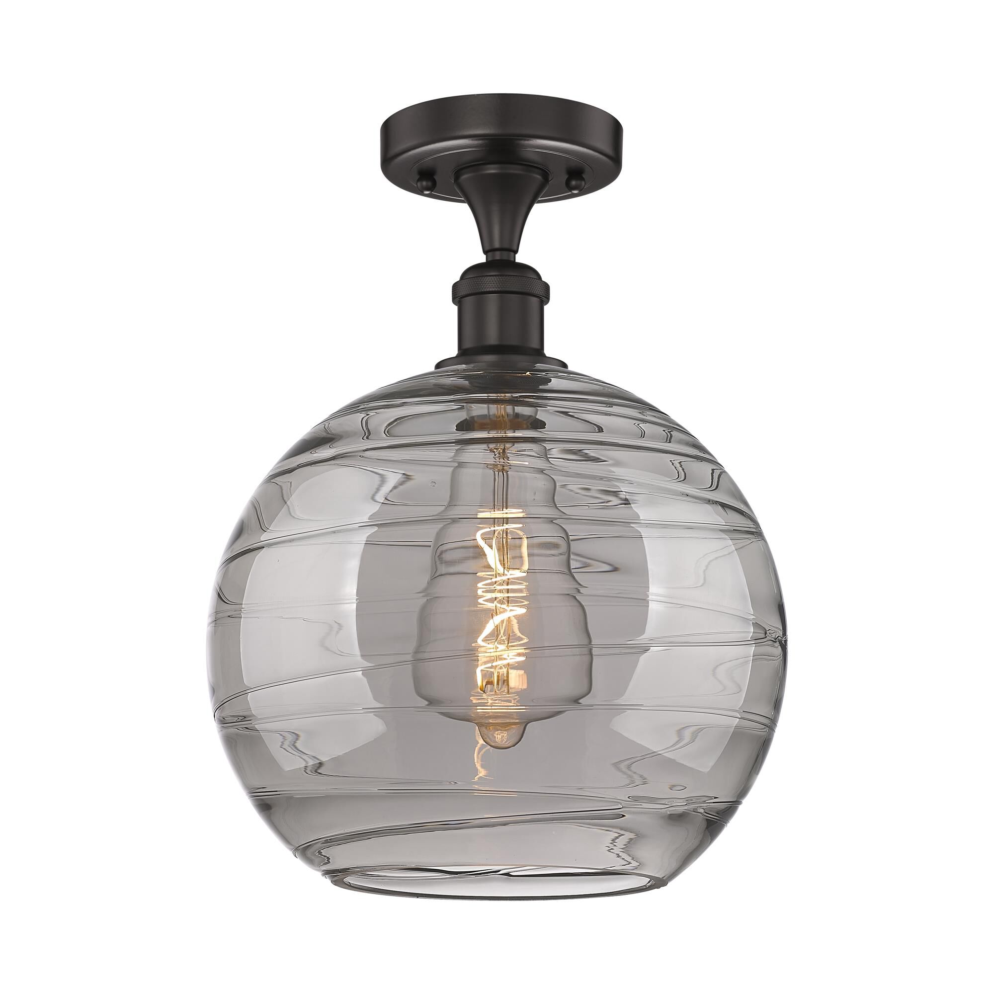 Shown in Oil Rubbed Bronze finish and Light Smoke Deco Swirl glass