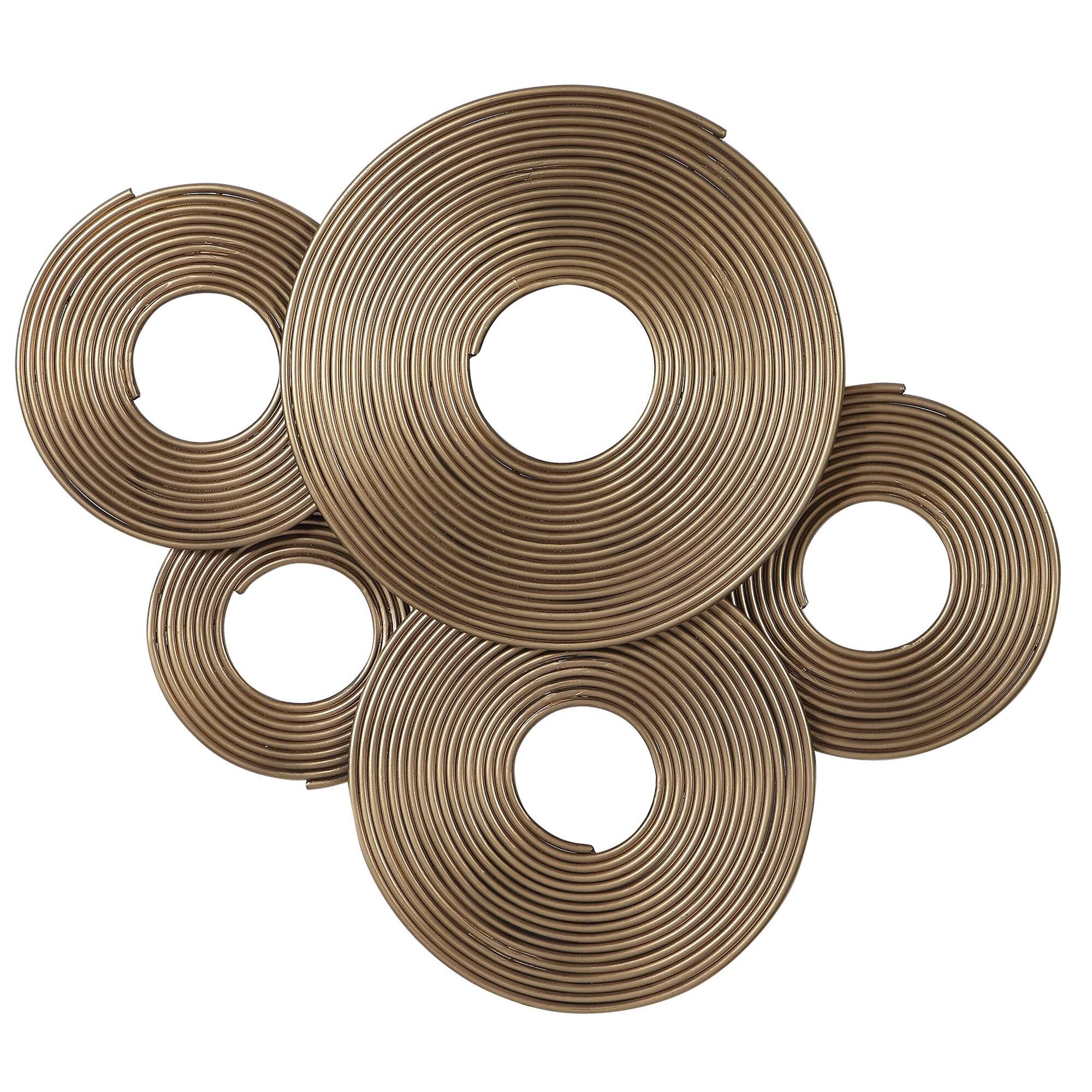 Shown in A 3-Dimensional Layering Of Spiraled Iron Rings Featuring A Soft Gold Finish. May Be Hung Three Ways finish