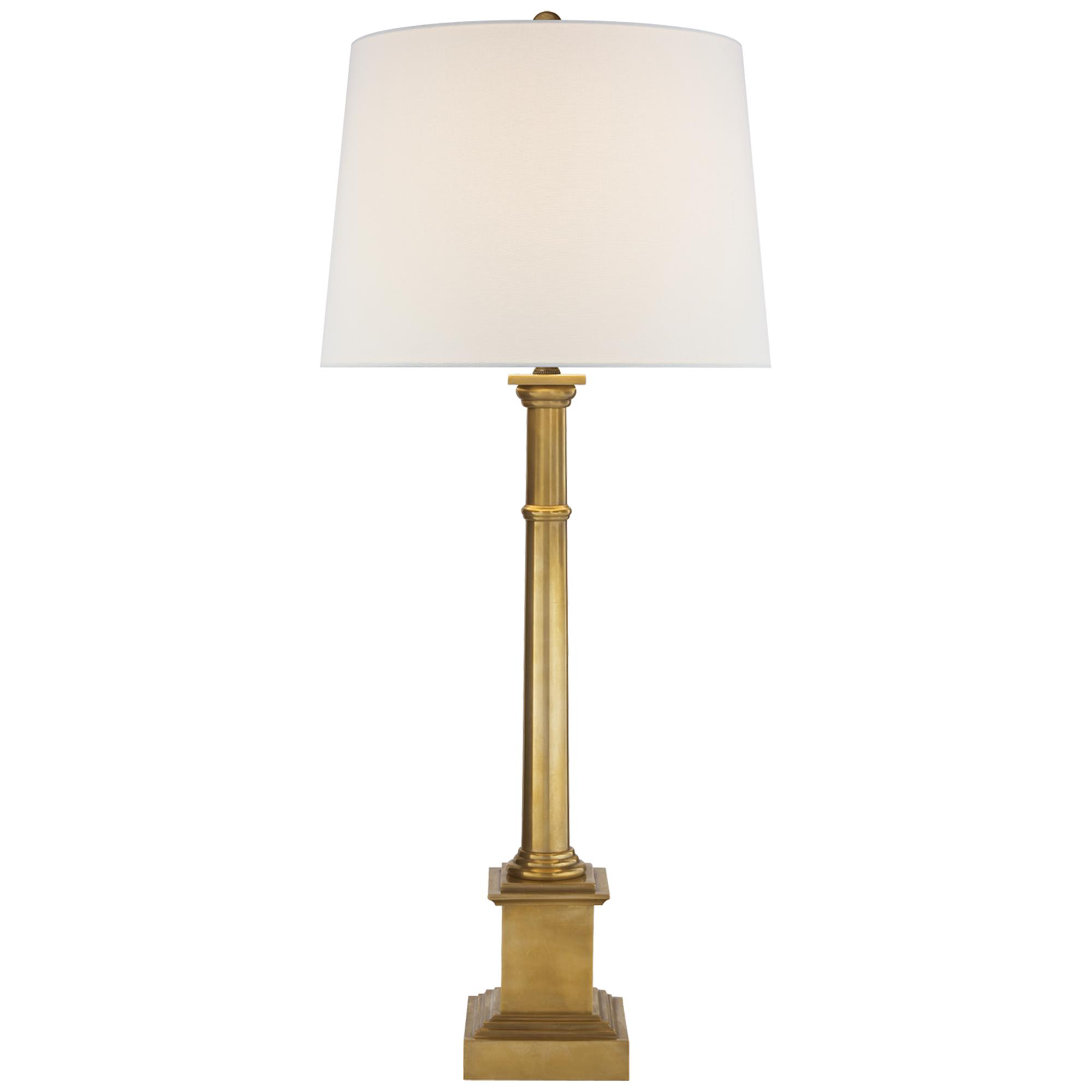 Shown in Hand-Rubbed Antique Brass finish and Linen shade