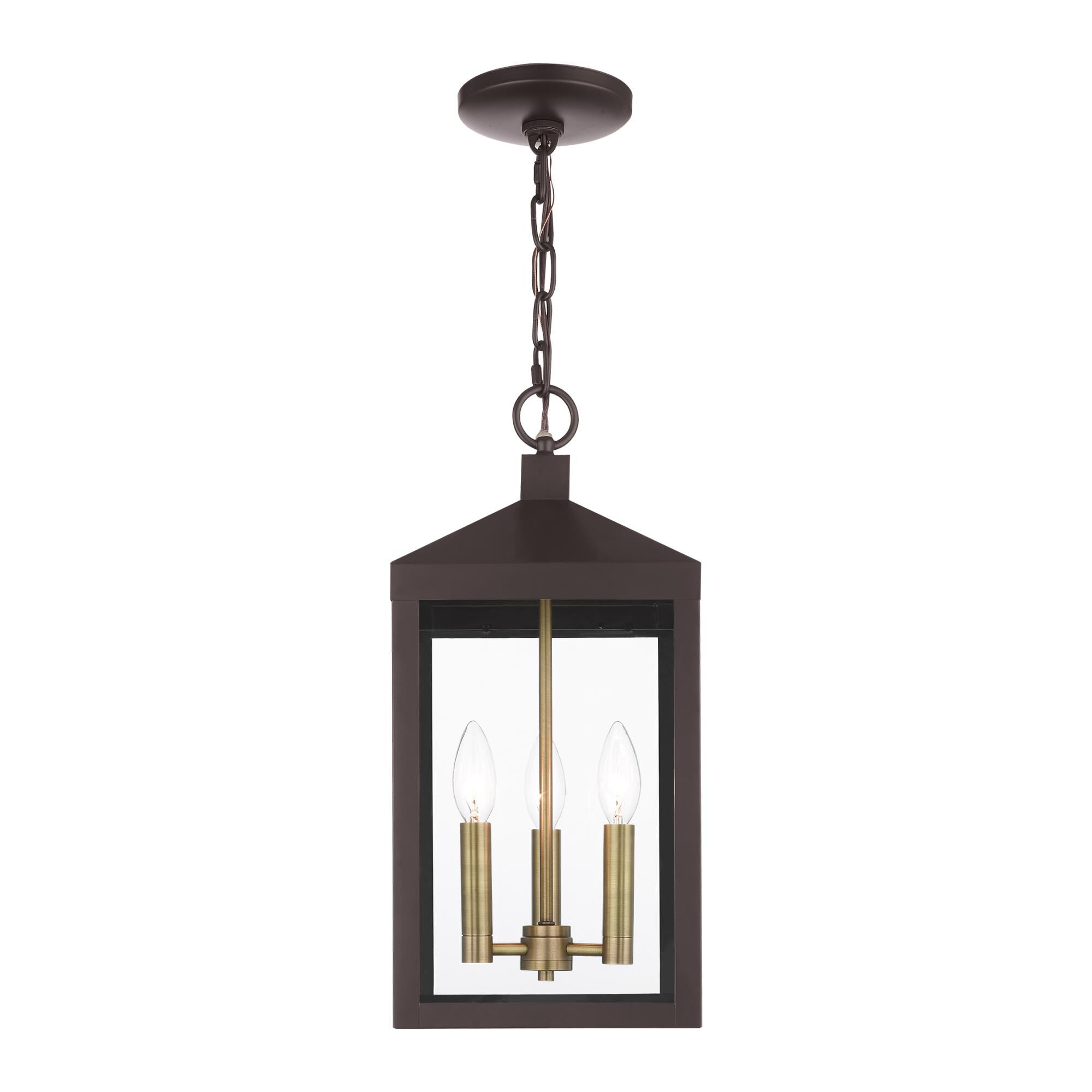 Shown in Bronze With Antique Brass Cluser finish and Clear glass and Clear Glass shade