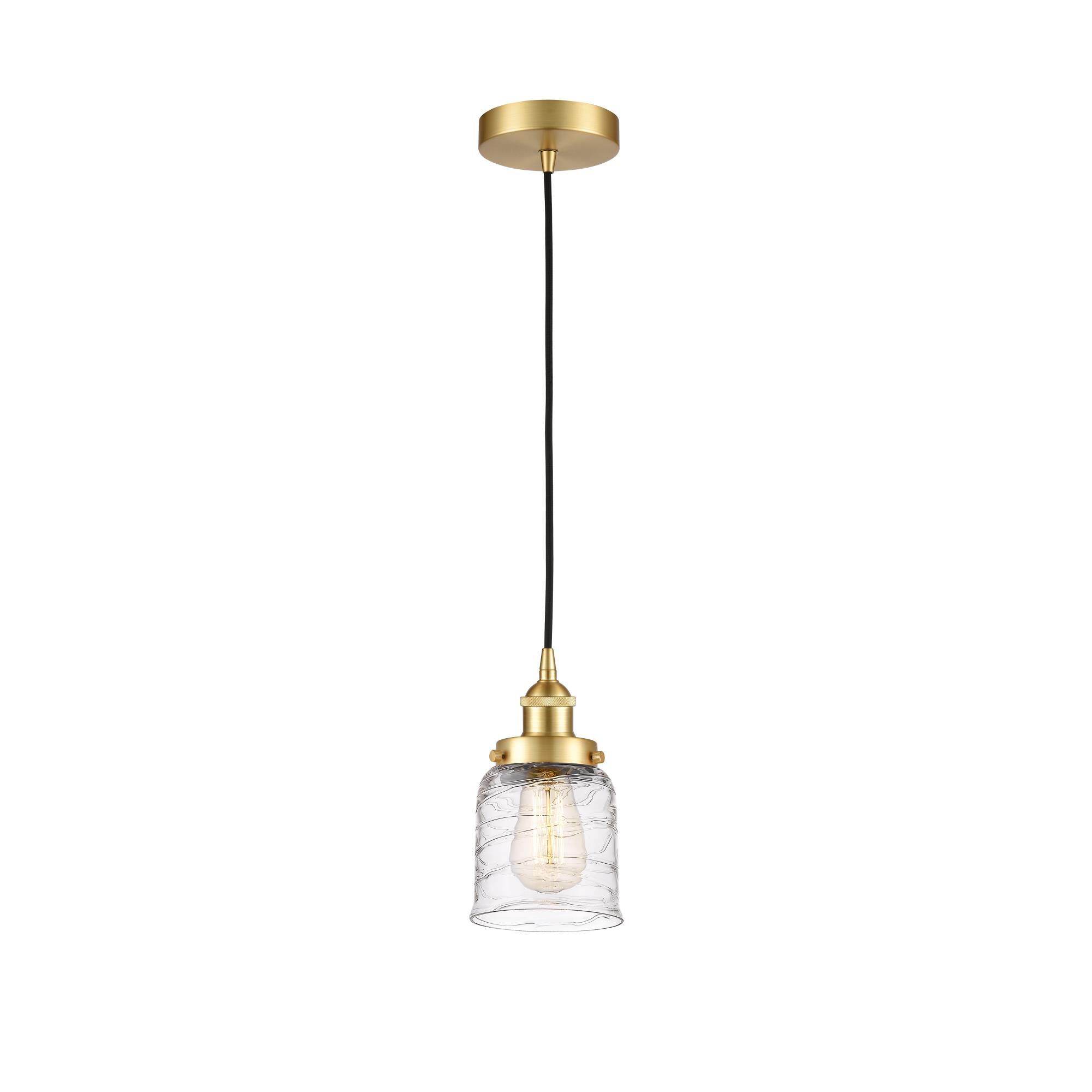 Shown in Satin Gold finish and Clear Deco Swirl Small Bell glass