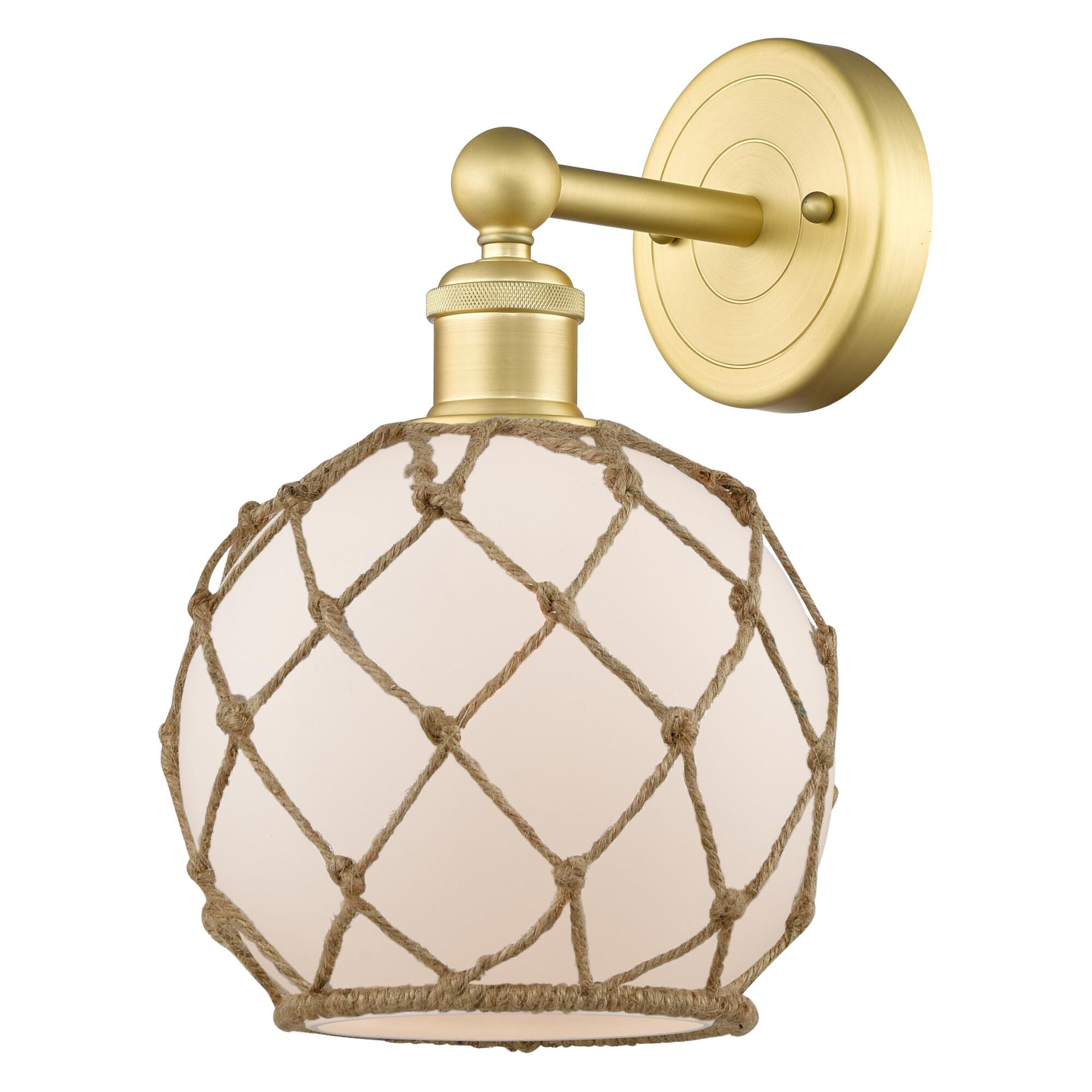 Shown in Satin Gold finish and White with Brown Rope glass