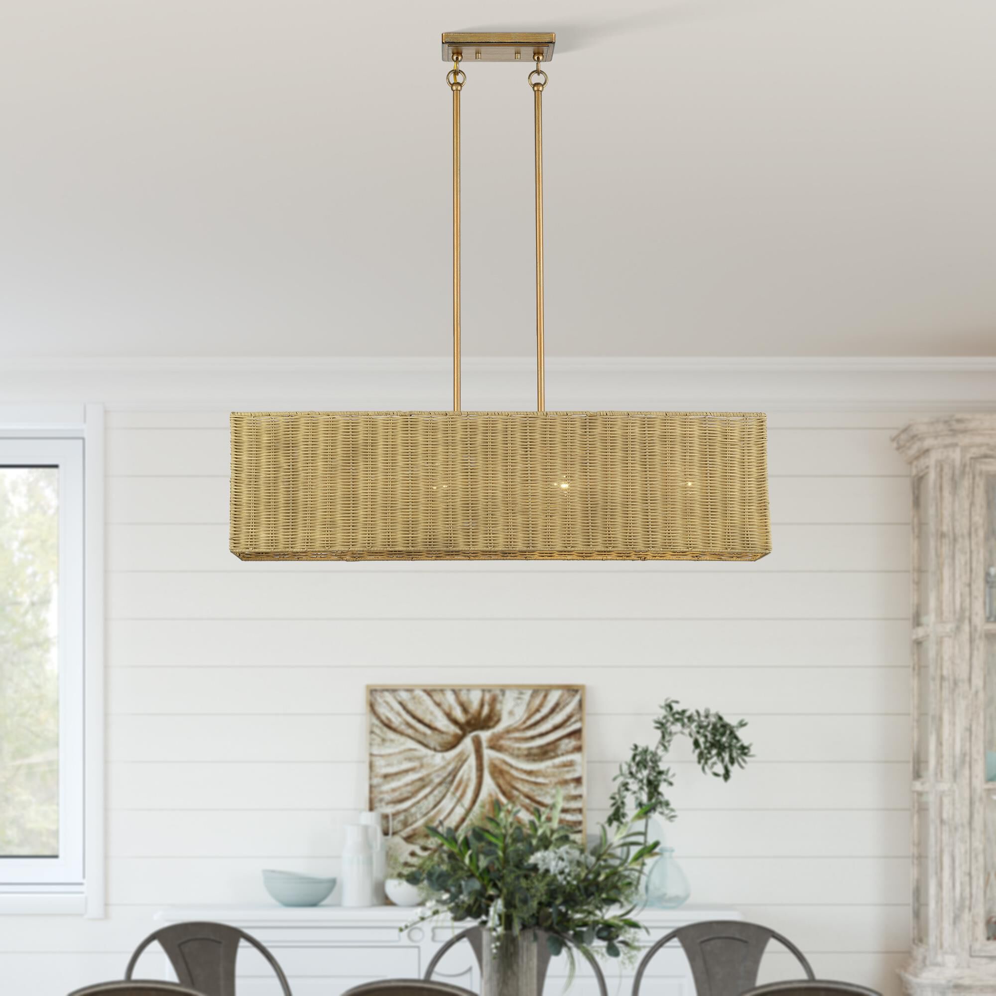 Shown in Antique Gold Leaf finish and Hand-Woven Rustic Walnut Color Rattan shade