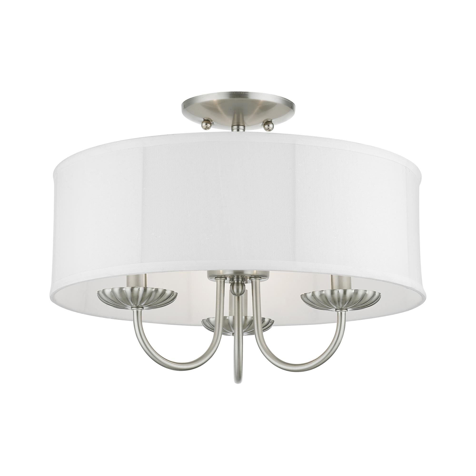Shown in Brushed Nickel finish and Off-White Fabric Hardback with White Fabric Inside shade
