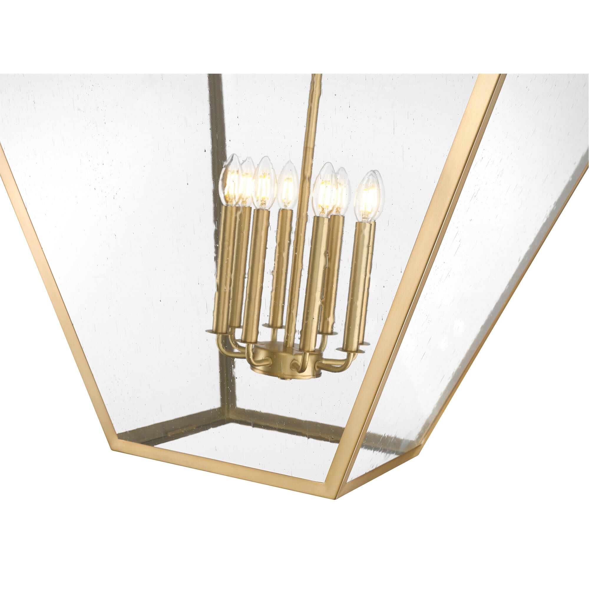 Shown in Rubbed Brass finish and Clear Seedy glass
