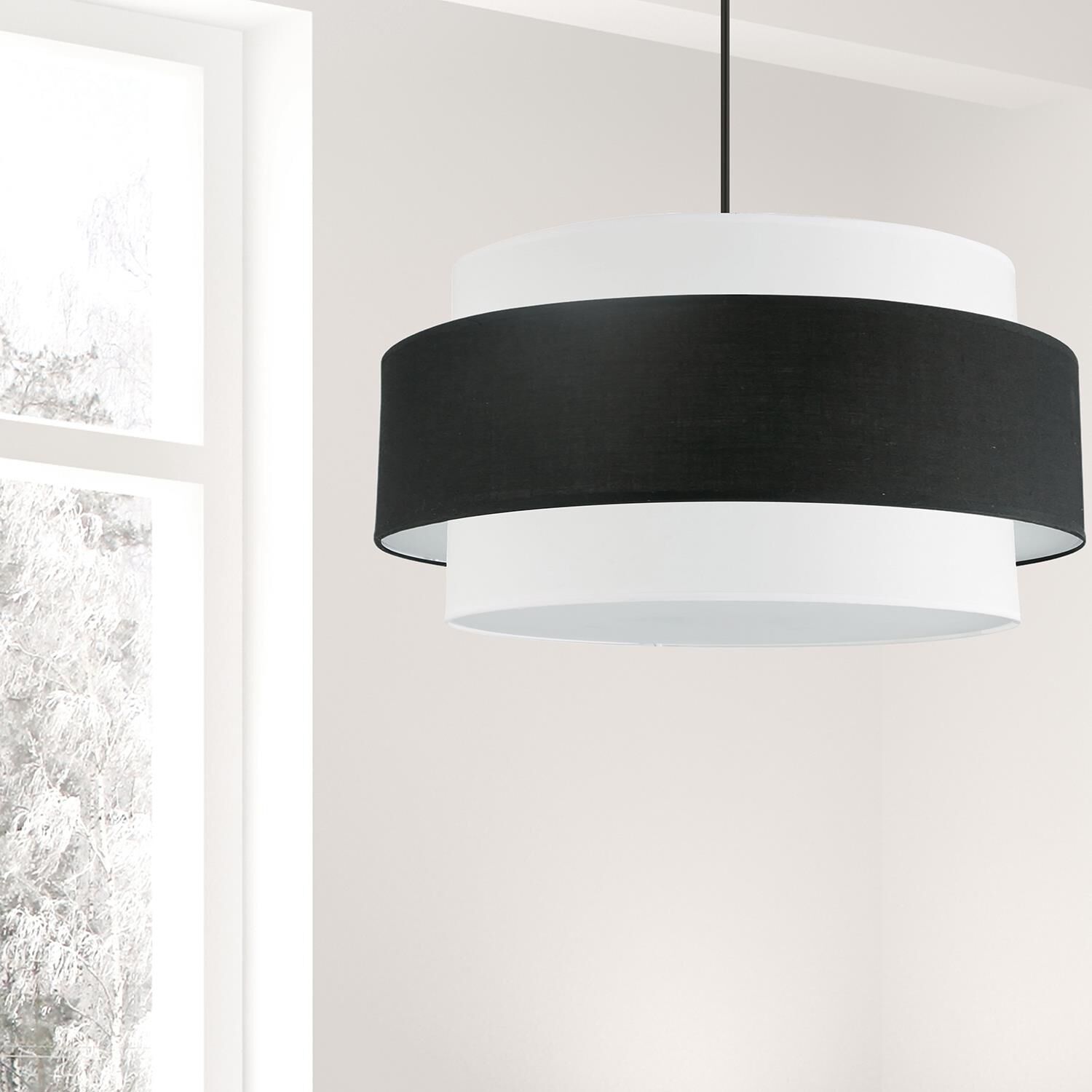 Shown in Black and White finish and Black and White Fabric Drum shade