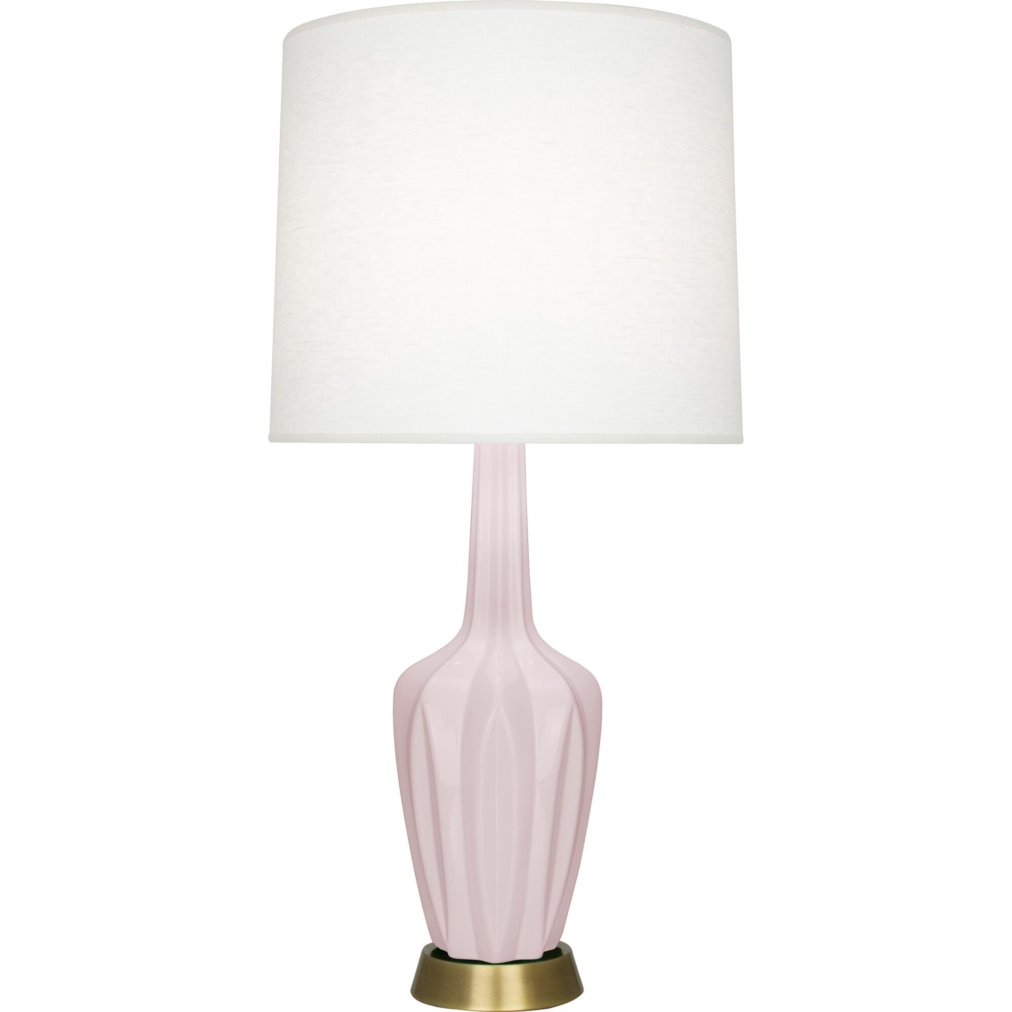 Shown in Rose Water Glazed finish and Oyster Linen shade and Warm Brass accent