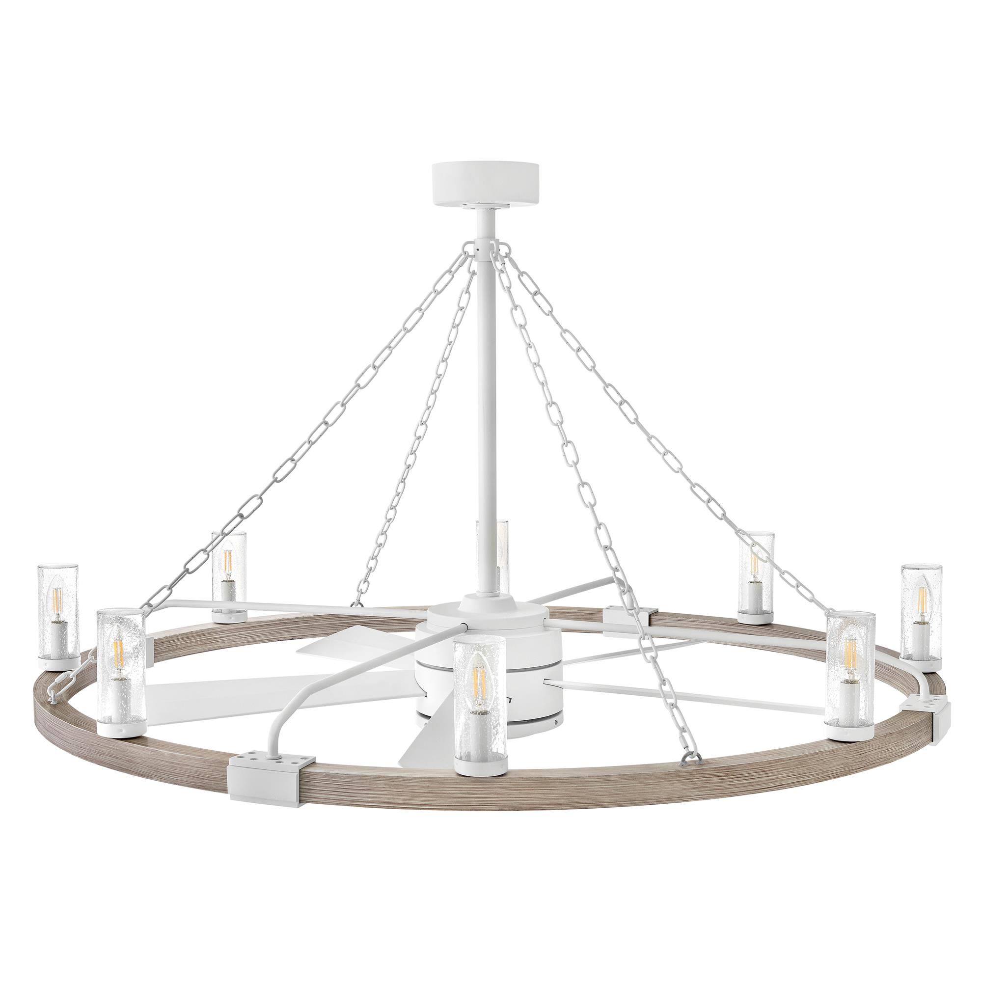 Shown in Matte White with Weathered Wood finish and Clear Seedy glass