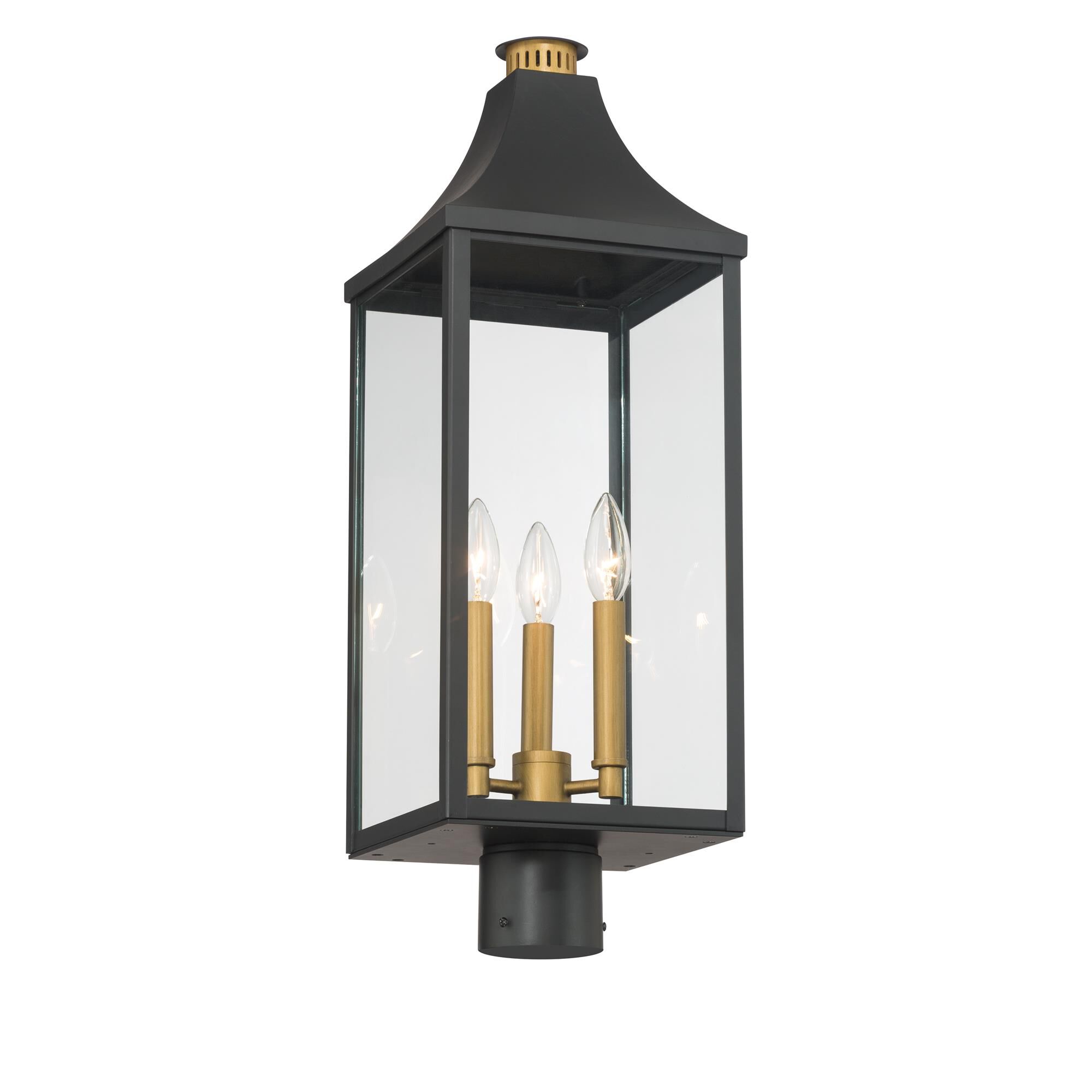 Shown in Dark Matte Black and Painted Legacy Brass finish and Clear glass