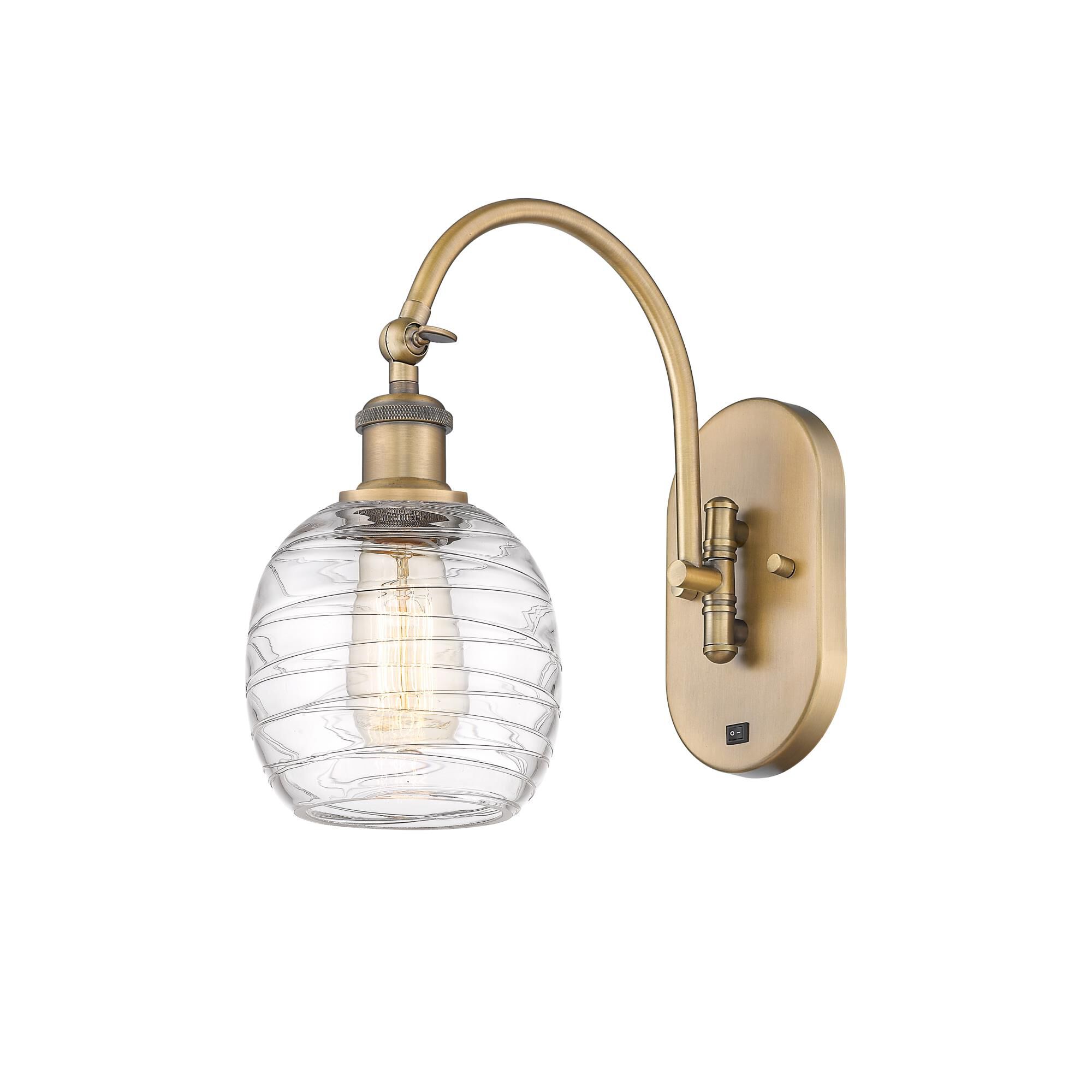 Shown in Brushed Brass finish and Deco Swirl Belfast glass