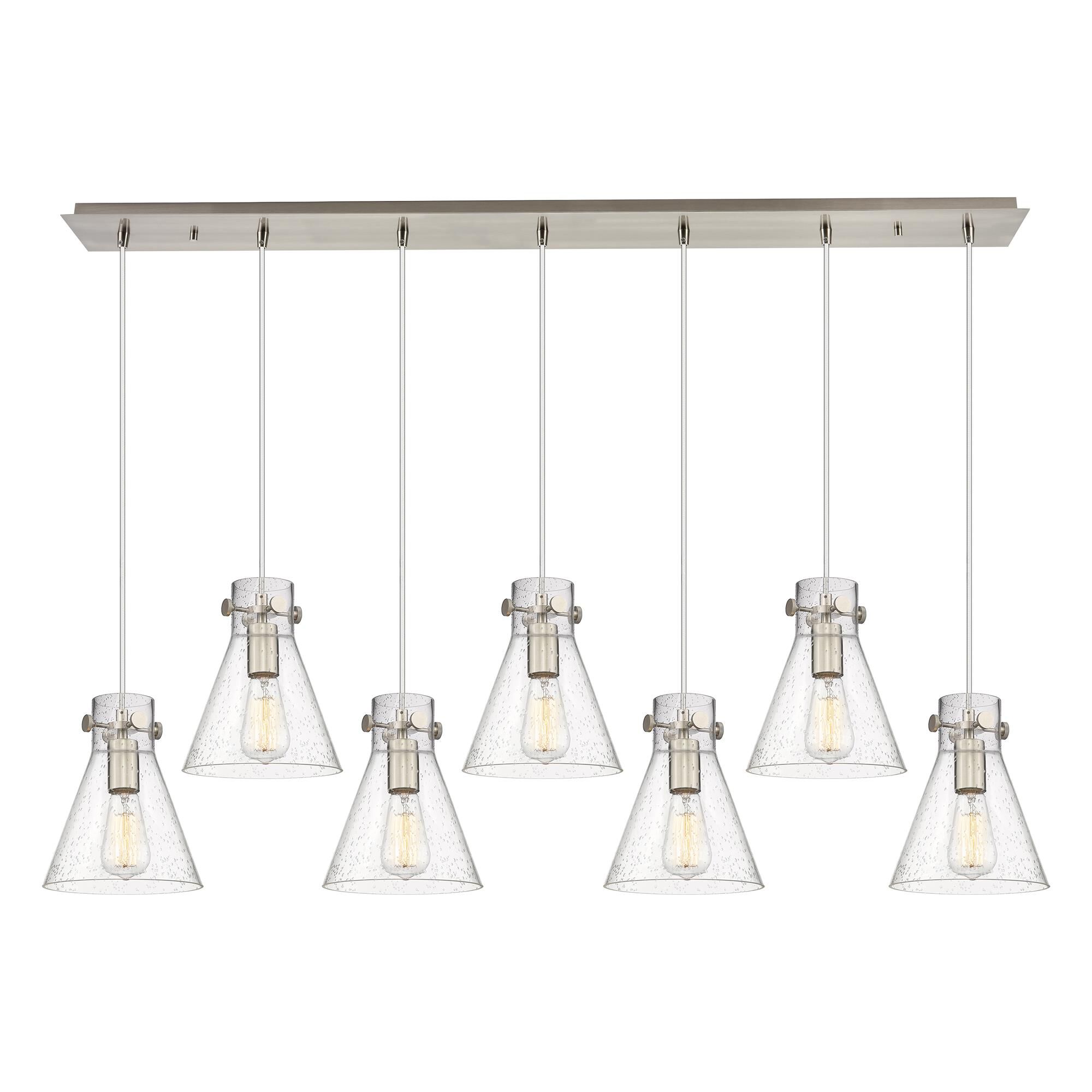 Shown in Brushed Satin Nickel finish and Seedy glass and Seedy Glass shade