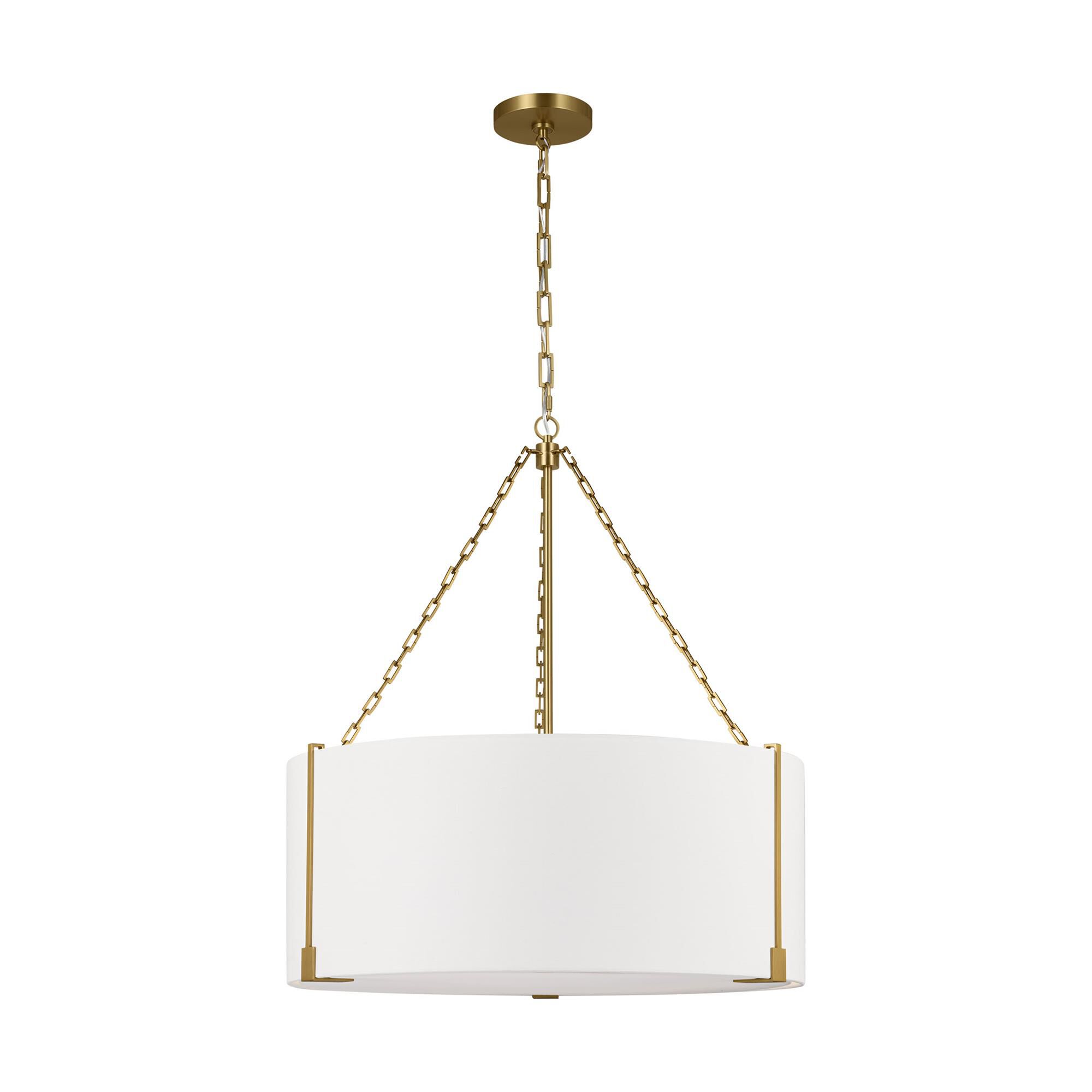 Shown in Burnished Brass finish and White Linen shade