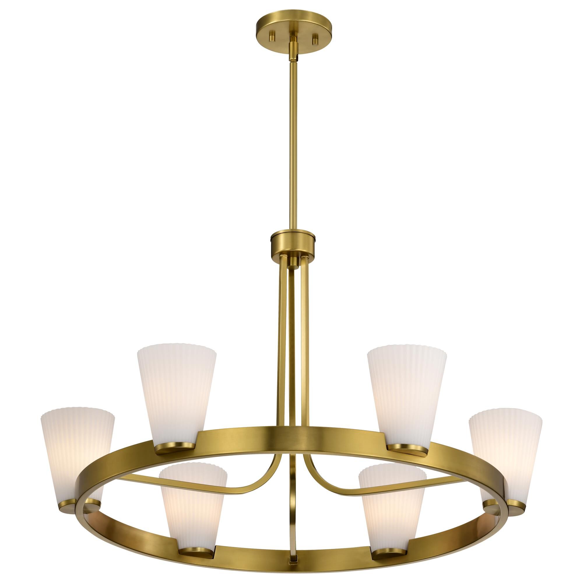 Shown in Burnished Brass finish and Ribbed White glass