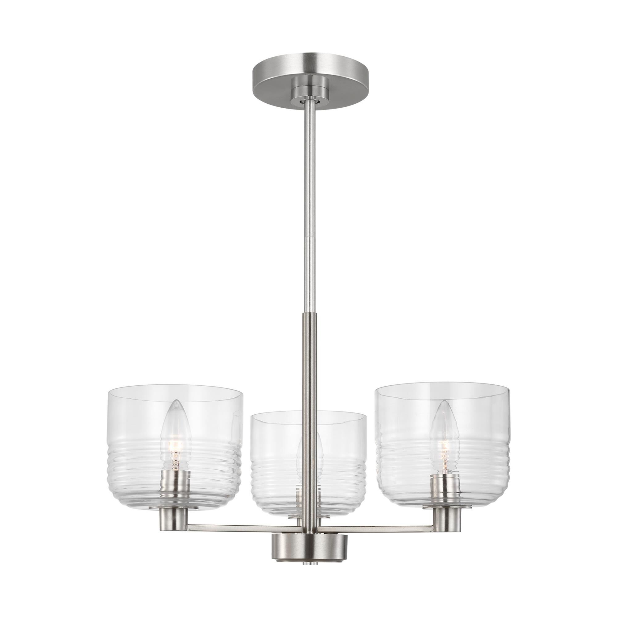 Shown in Brushed Nickel finish and Clear Ribbed glass