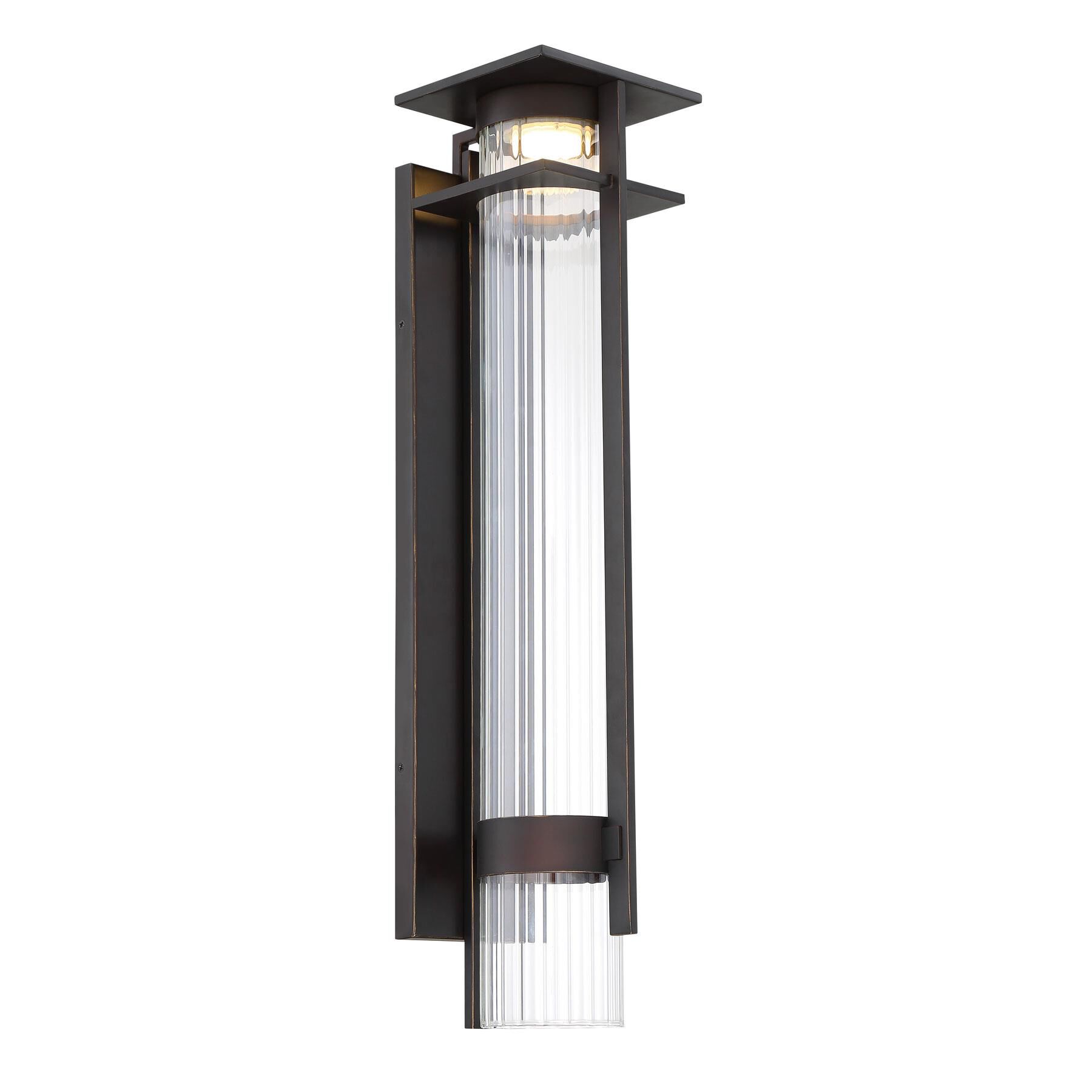 Shown in Oil Rubbed Bronze with Gold Highlights finish and Clear Ribbed glass