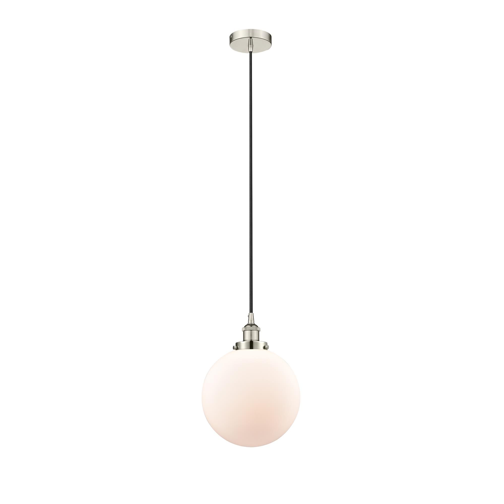 Shown in Polished Nickel finish and Matte White Cased Beacon glass