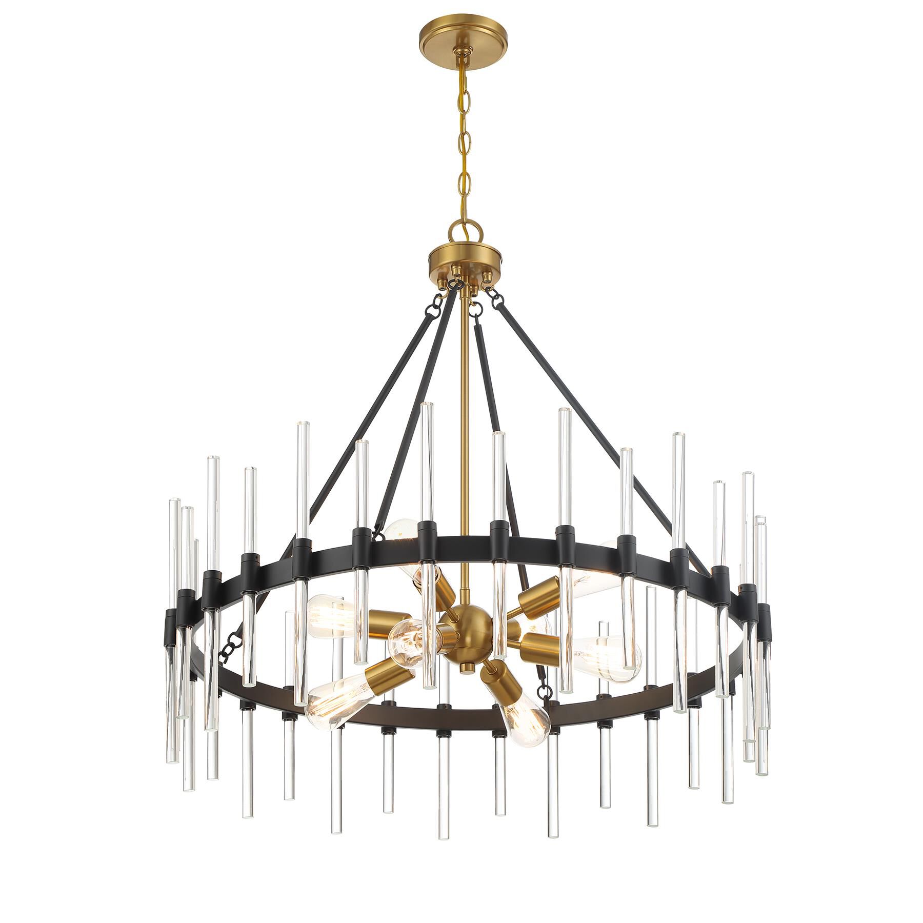 Shown in Matte Black With Warm Brass Accents finish and Clear crystal