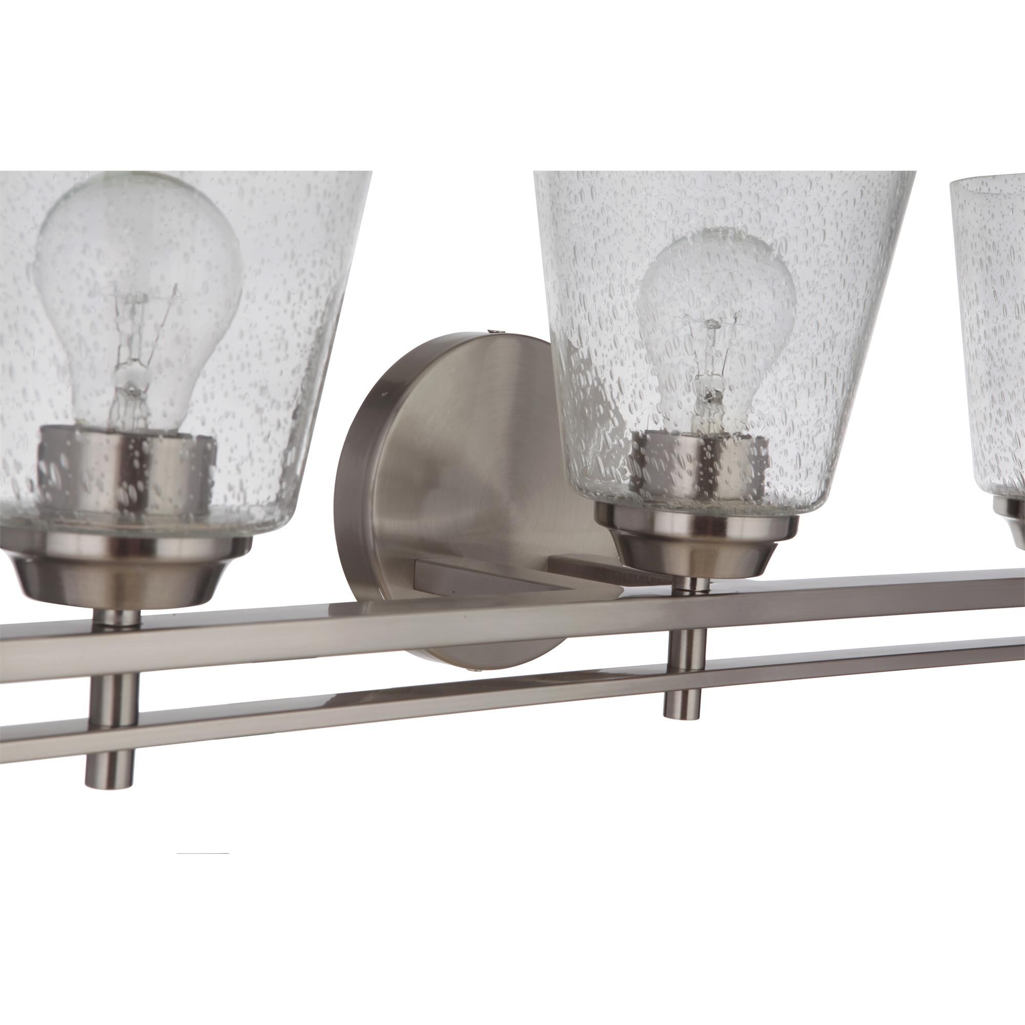 Shown in Brushed Polished Nickel finish and Clear Seeded glass and Glass shade