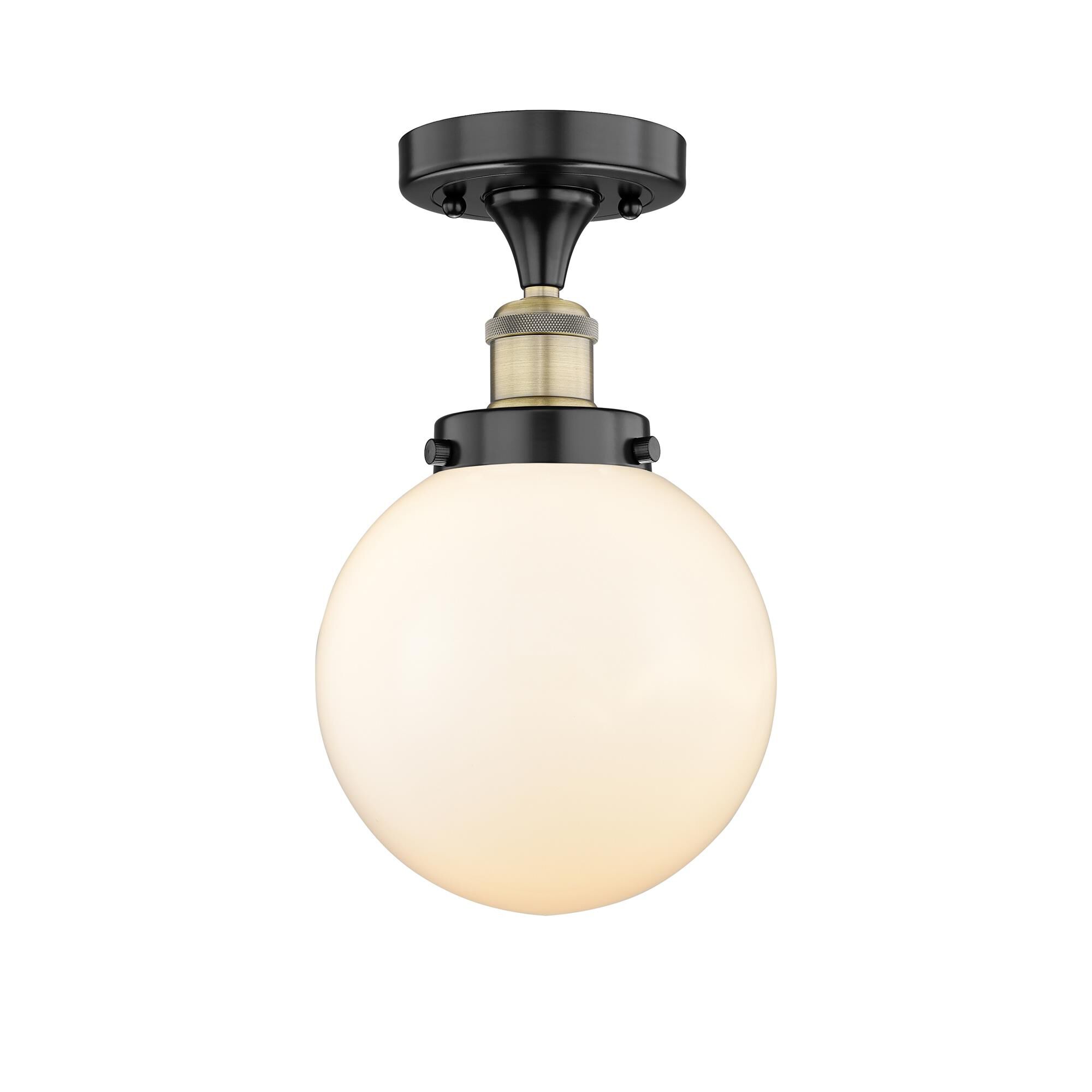 Shown in Black Antique Brass finish and Matte White glass