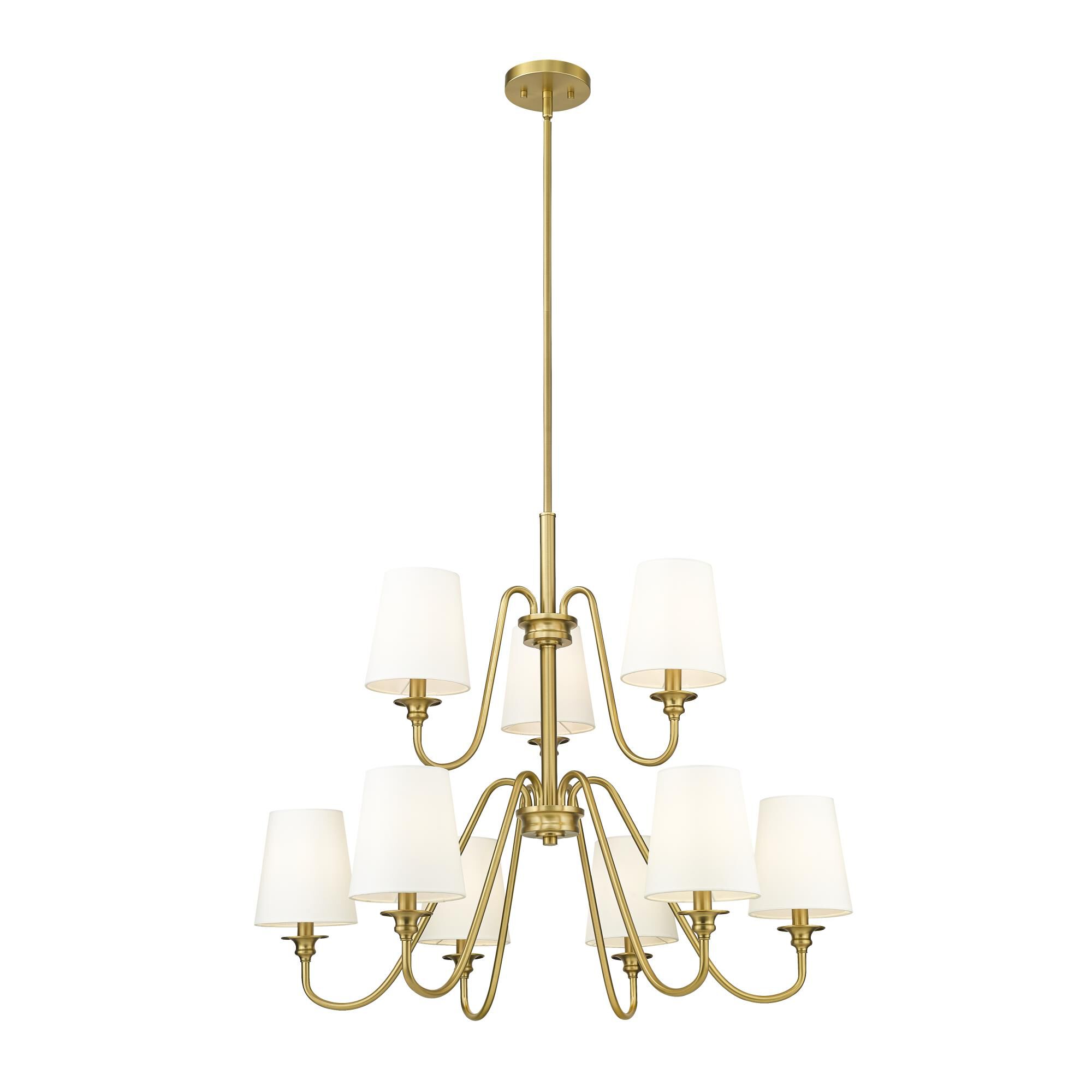 Shown in Modern Gold finish and White glass and White shade