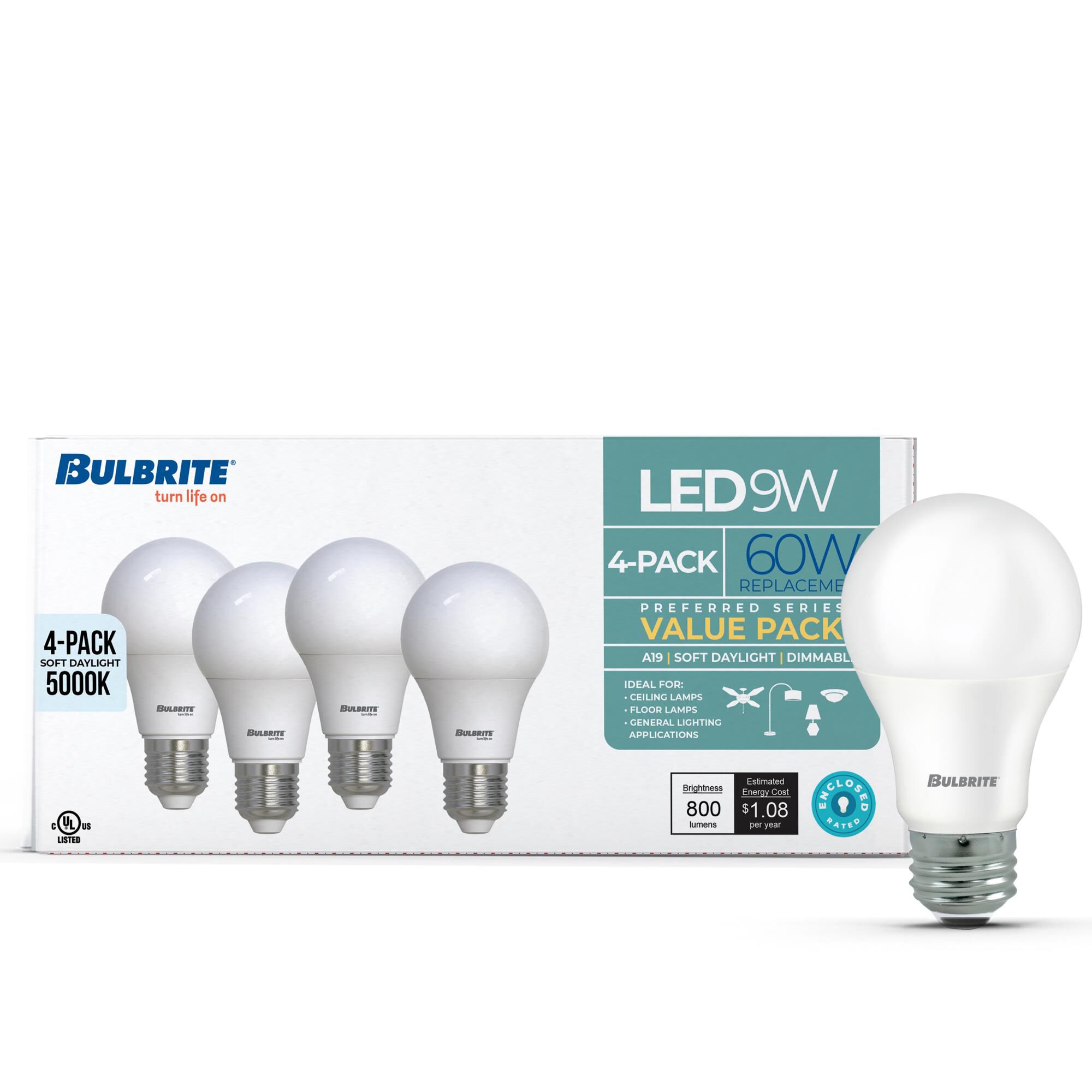 Frost A19 Base E26 5000K LED Light Bulb Pack of 4 by Bulbrite