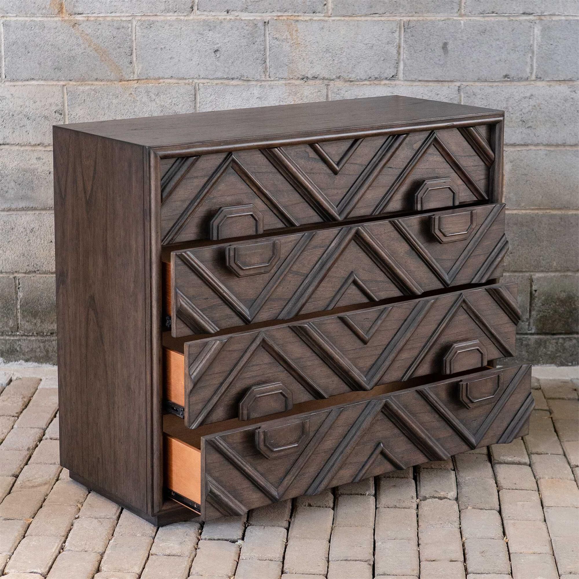 Shown in With A Transitional Deep Walnut Finish Over Mindi Veneer, Naturally Distressed And Hand Rubbed To Ex finish