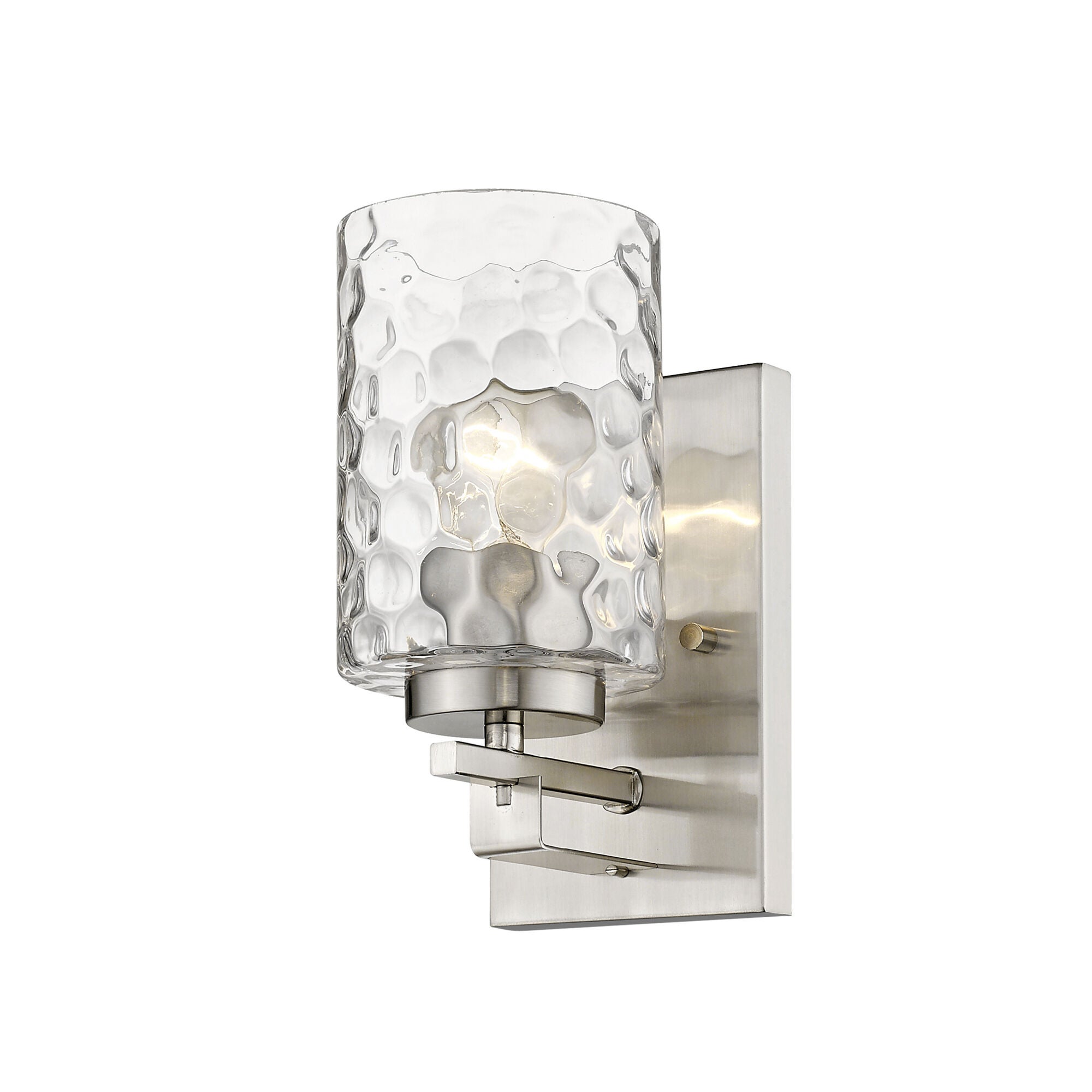 Shown in Satin Nickel finish and Clear glass and Clear, Optic Cylindrical Glass shade