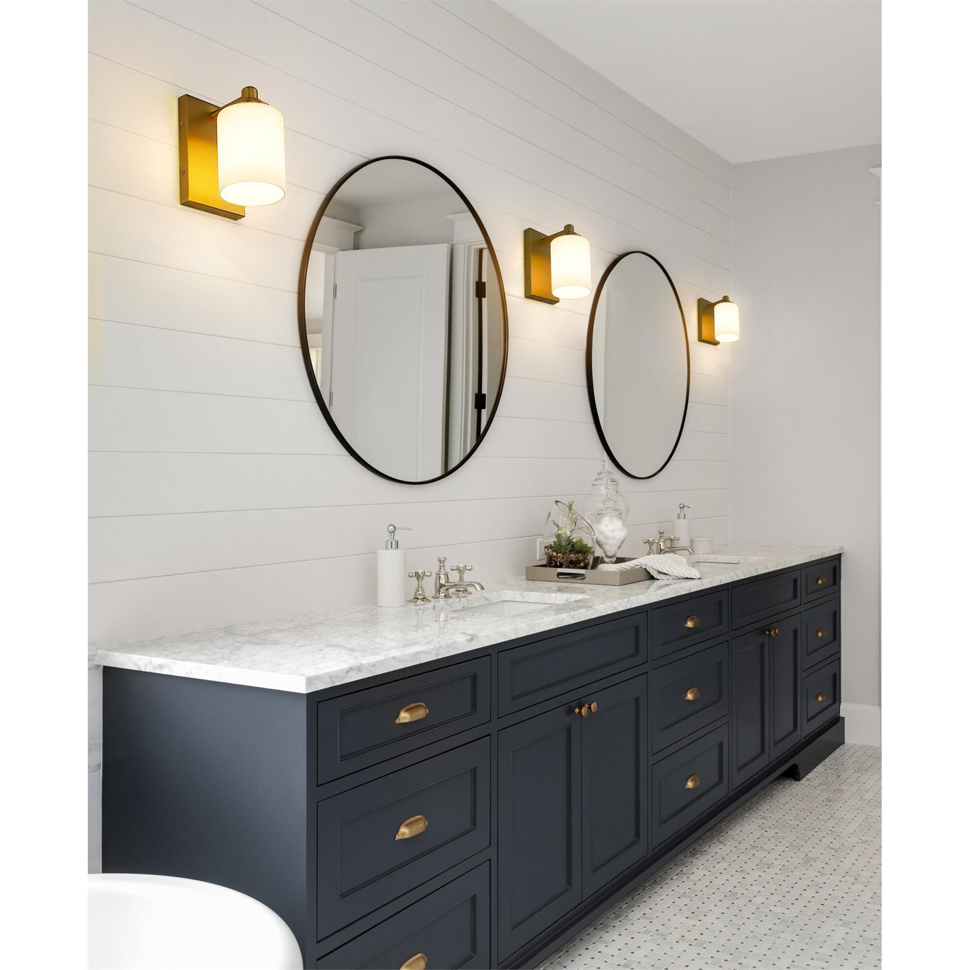 Shown in Brushed Gold finish and White glass