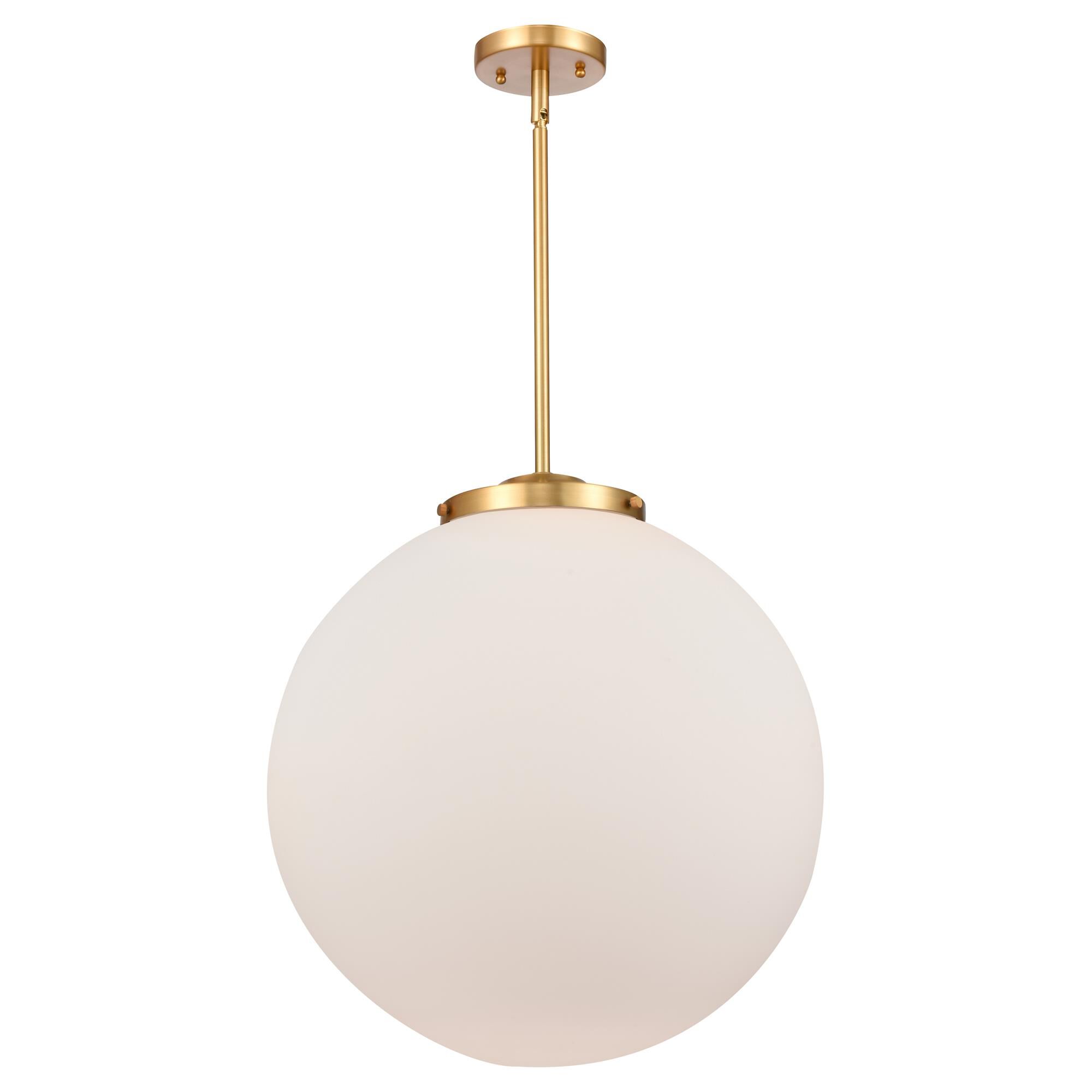 Shown in Satin Gold finish and Matte White Cased Beacon glass