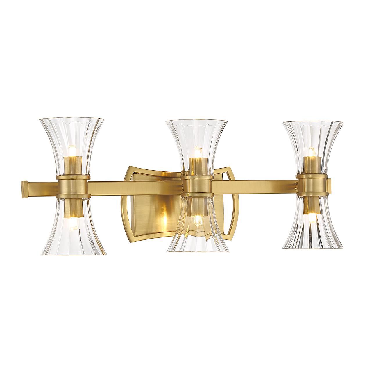 Shown in Warm Brass finish and Clear Ribbed glass