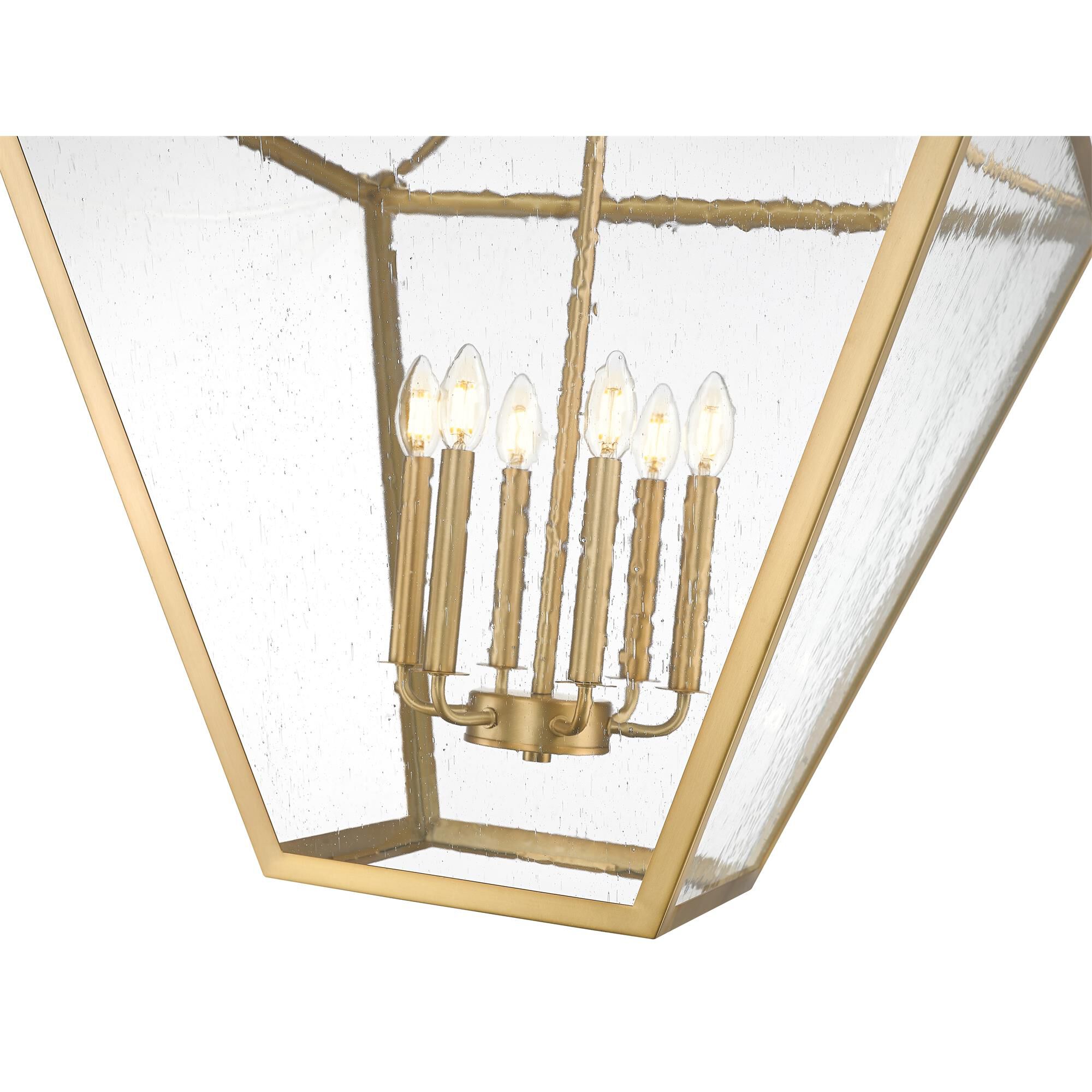 Shown in Rubbed Brass finish and Clear Seedy glass