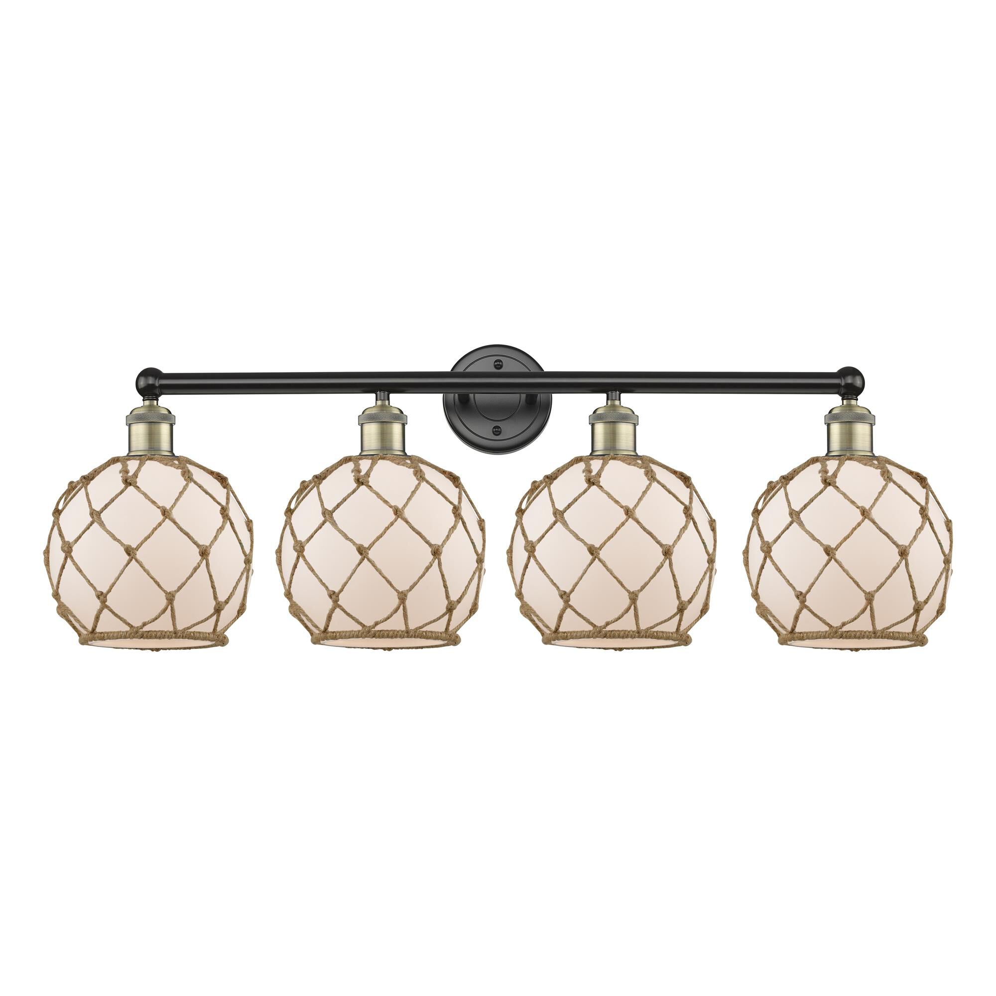 Shown in Black Antique Brass finish and White with Brown Rope glass
