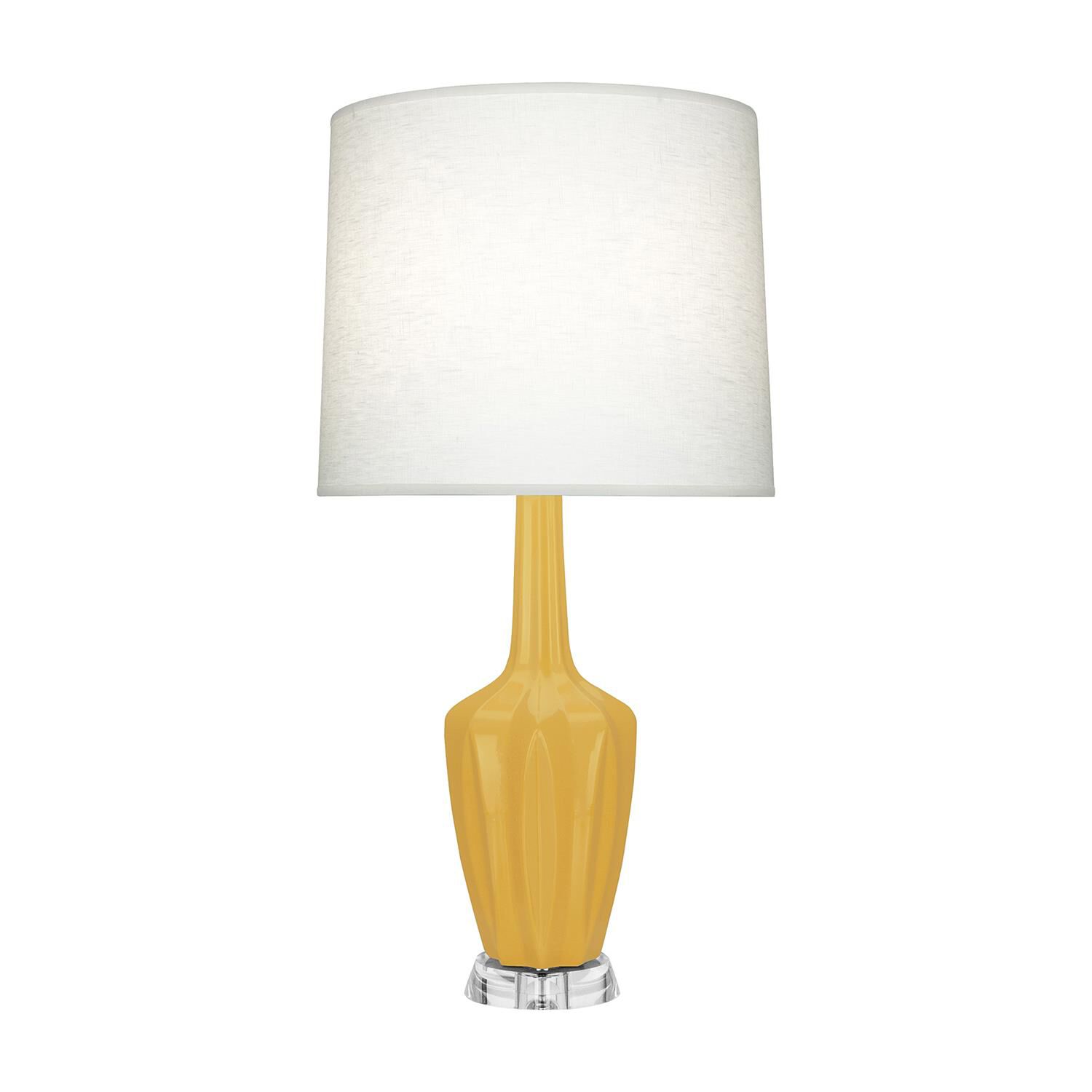 Shown in Sunset finish and Off White shade and Polished Nickel with Lucite accent