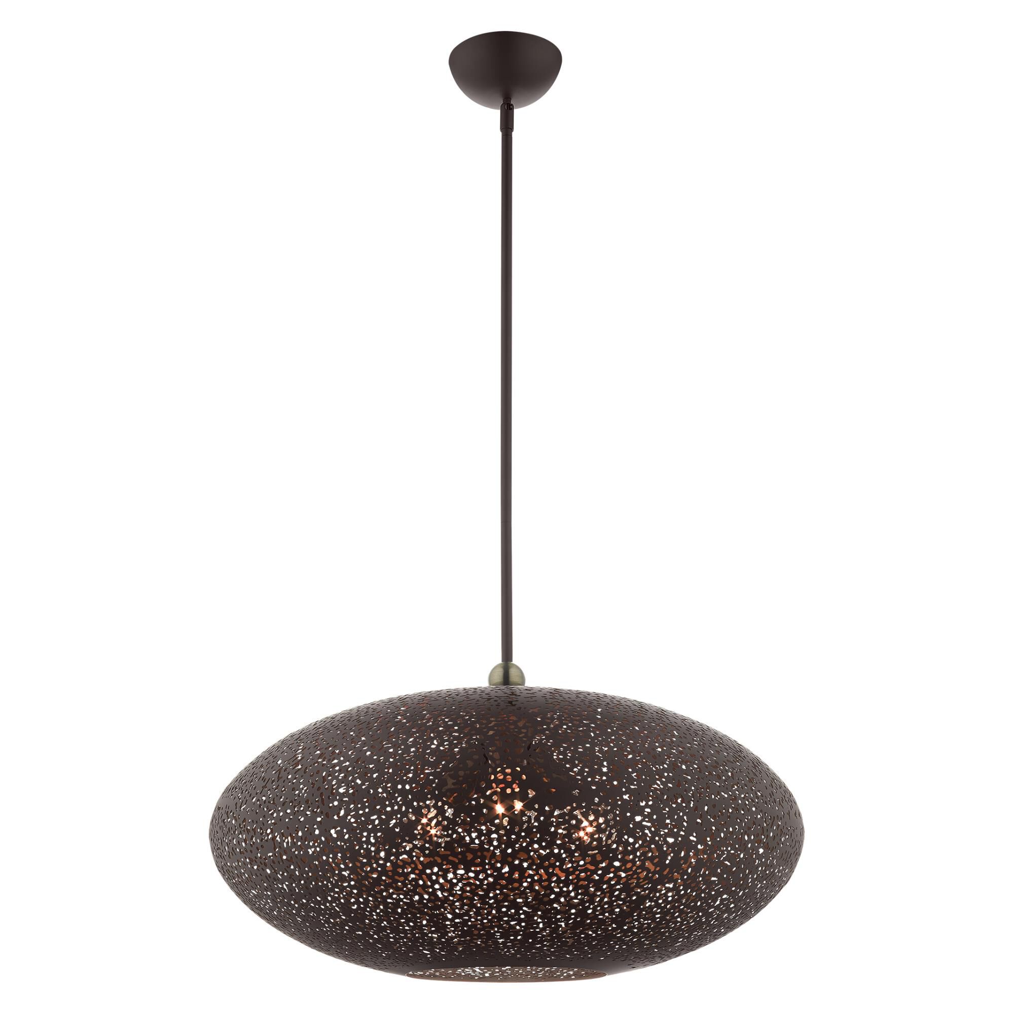 Shown in Black With Antique Brass Accents finish and Bronze Filigreed Ornamental Metal Shade With Gold Finish Inside glass and Bronze Filigreed Ornamental Metal  With Gold Finish Inside shade