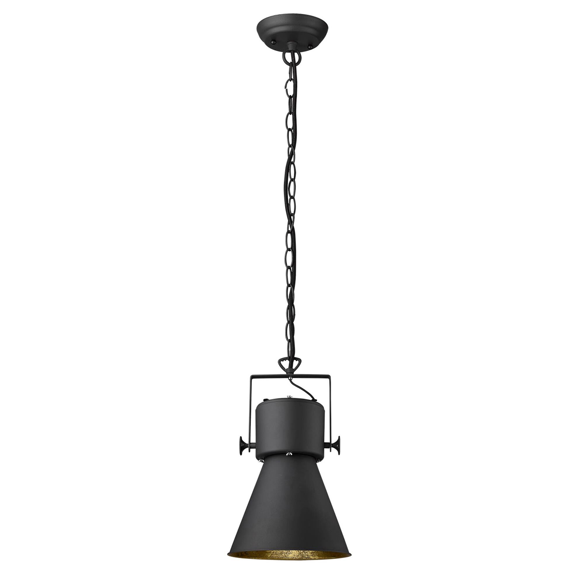 Shown in Matte Black finish and Black glass and Black Metal Cone Shaped  W/ Gold Interior shade