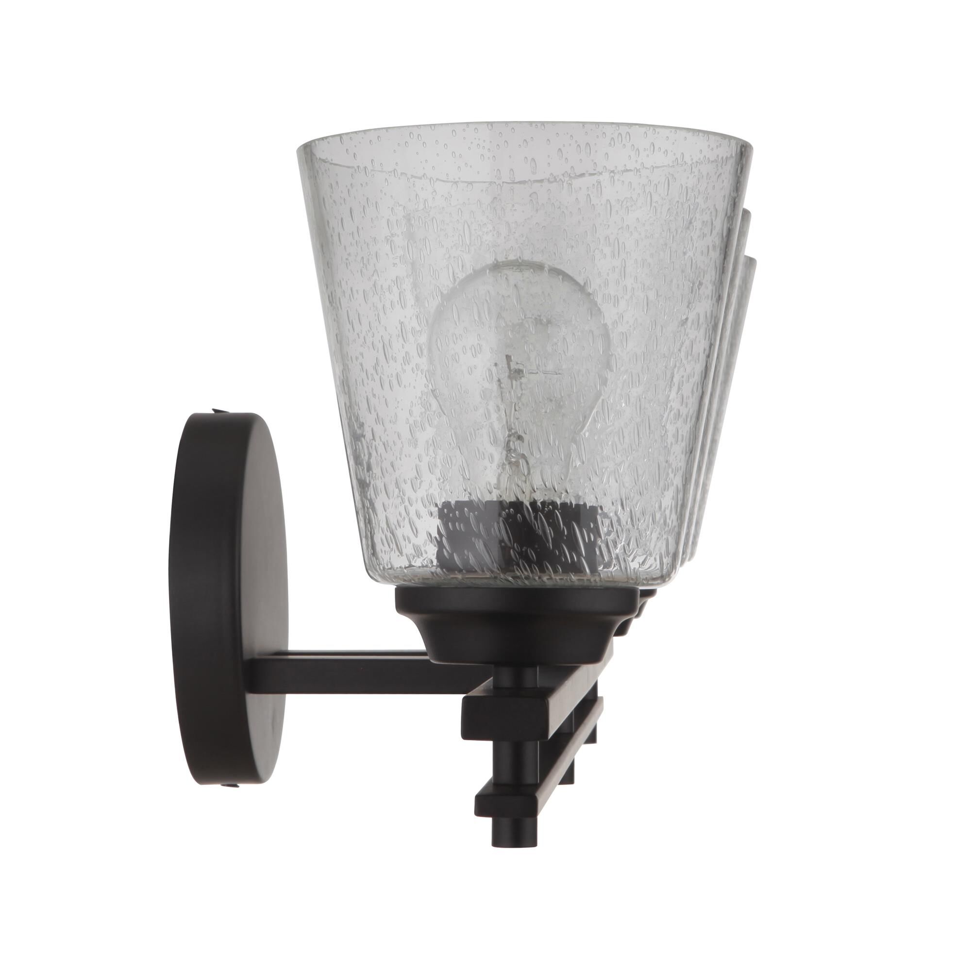 Shown in Flat Black finish and Clear Seeded glass and Glass shade