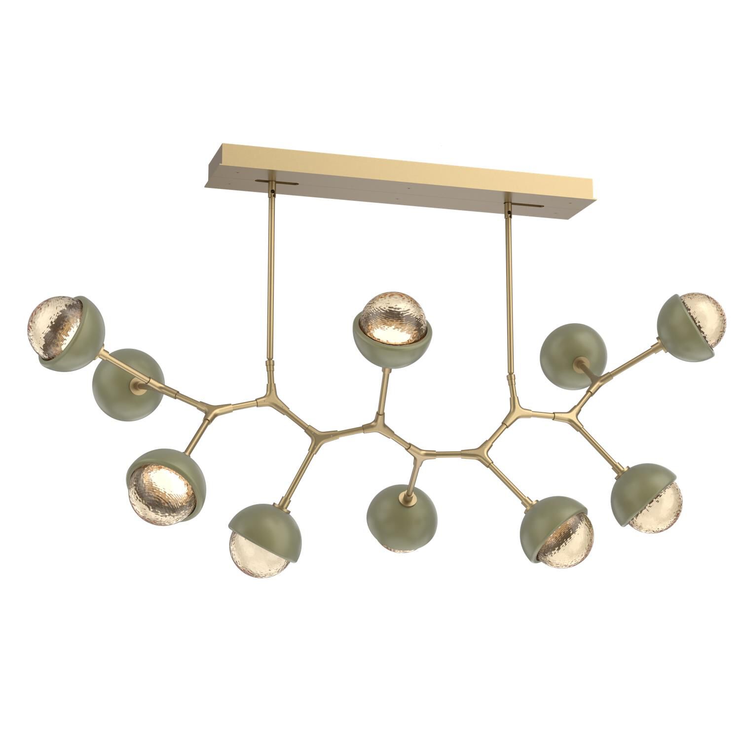 Shown in Gilded Brass finish and Amber glass and Sage Green accent