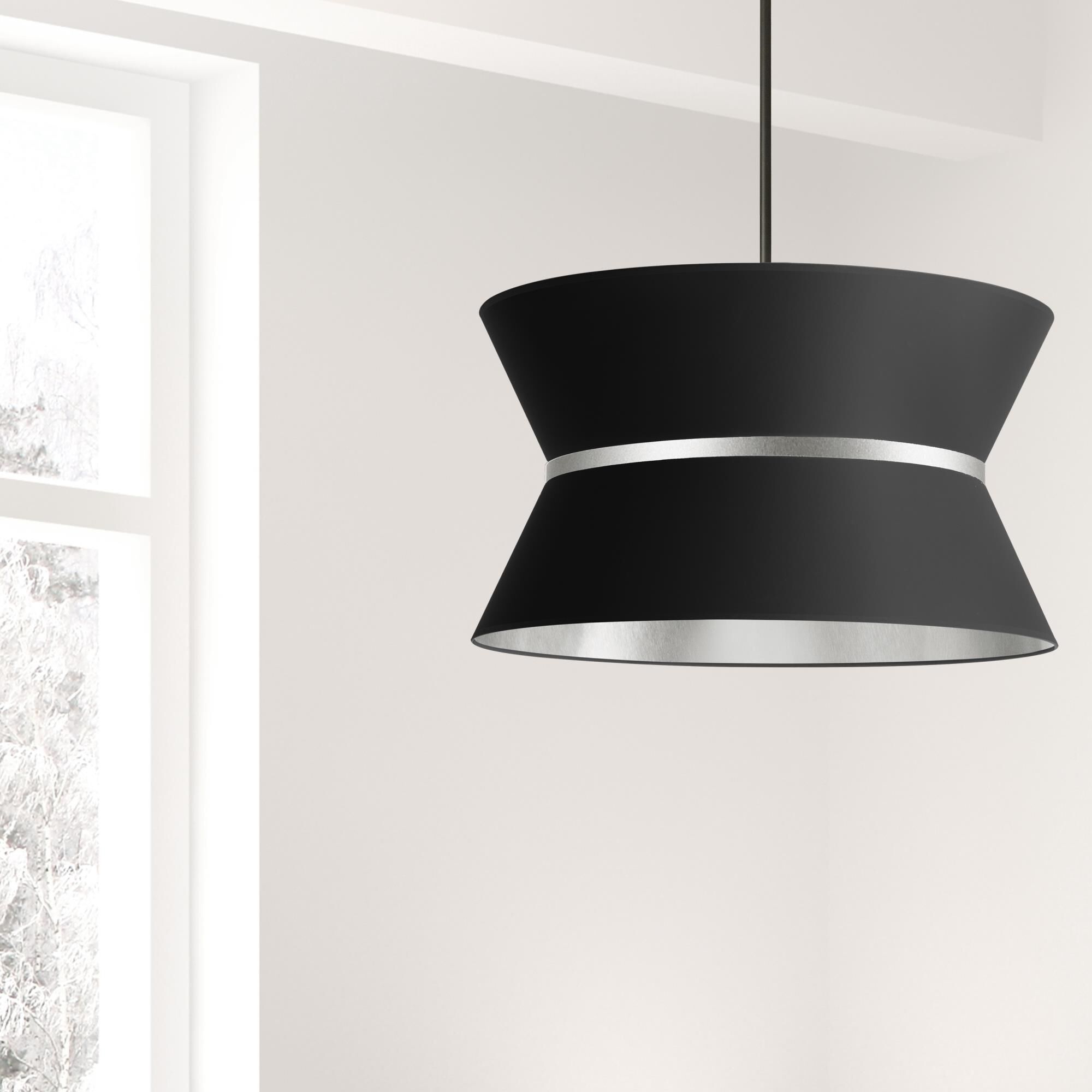 Shown in Black and Silver finish and Black Fabric Tapered Drum shade
