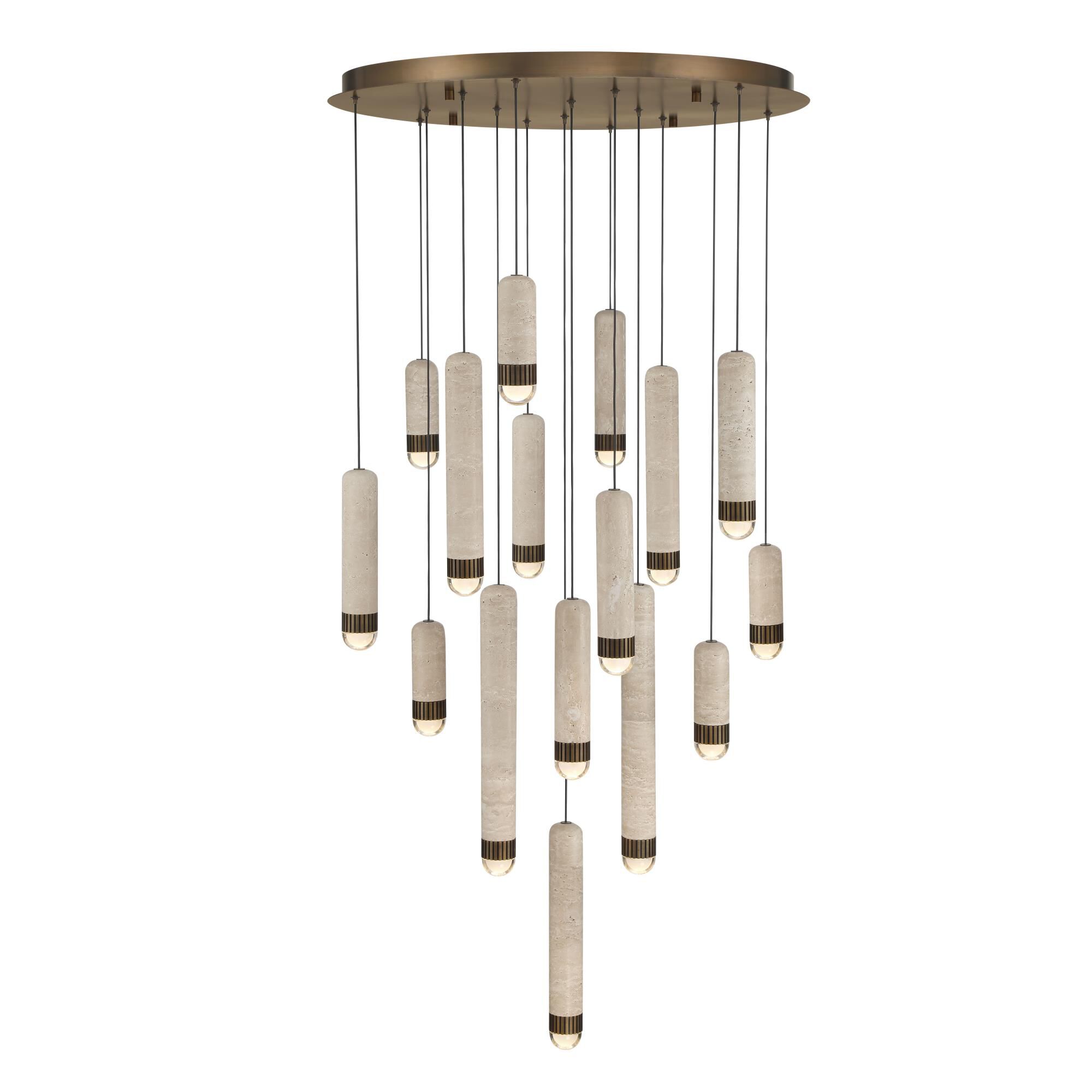 Shown in Antique Brass finish and Travertine shade