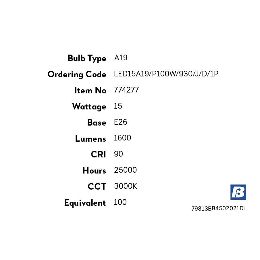 Dimmable 15 Watt 3000K A19 LED Light Bulb by Bulbrite