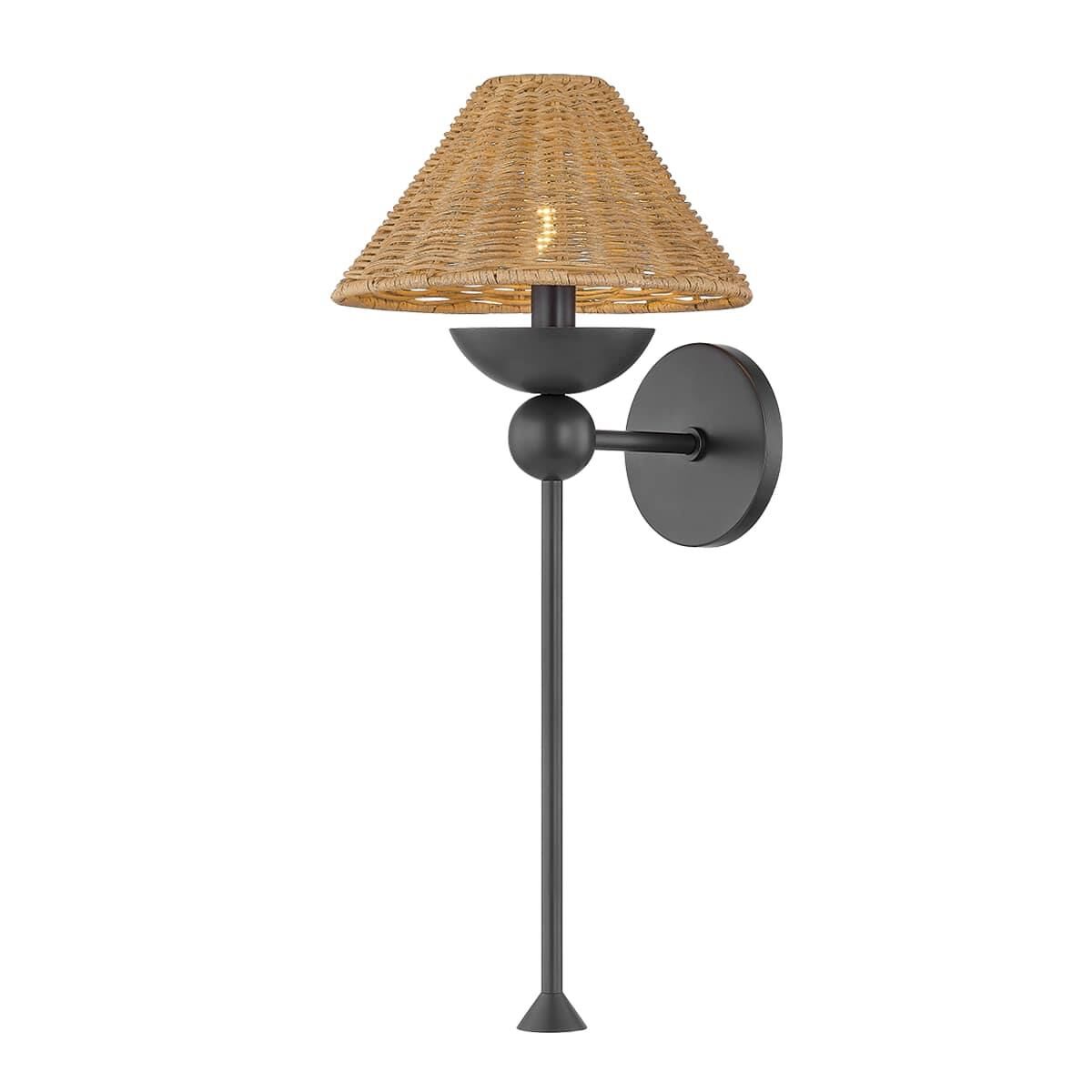 Shown in Old Bronze finish and Vintage Natural Wicker shade