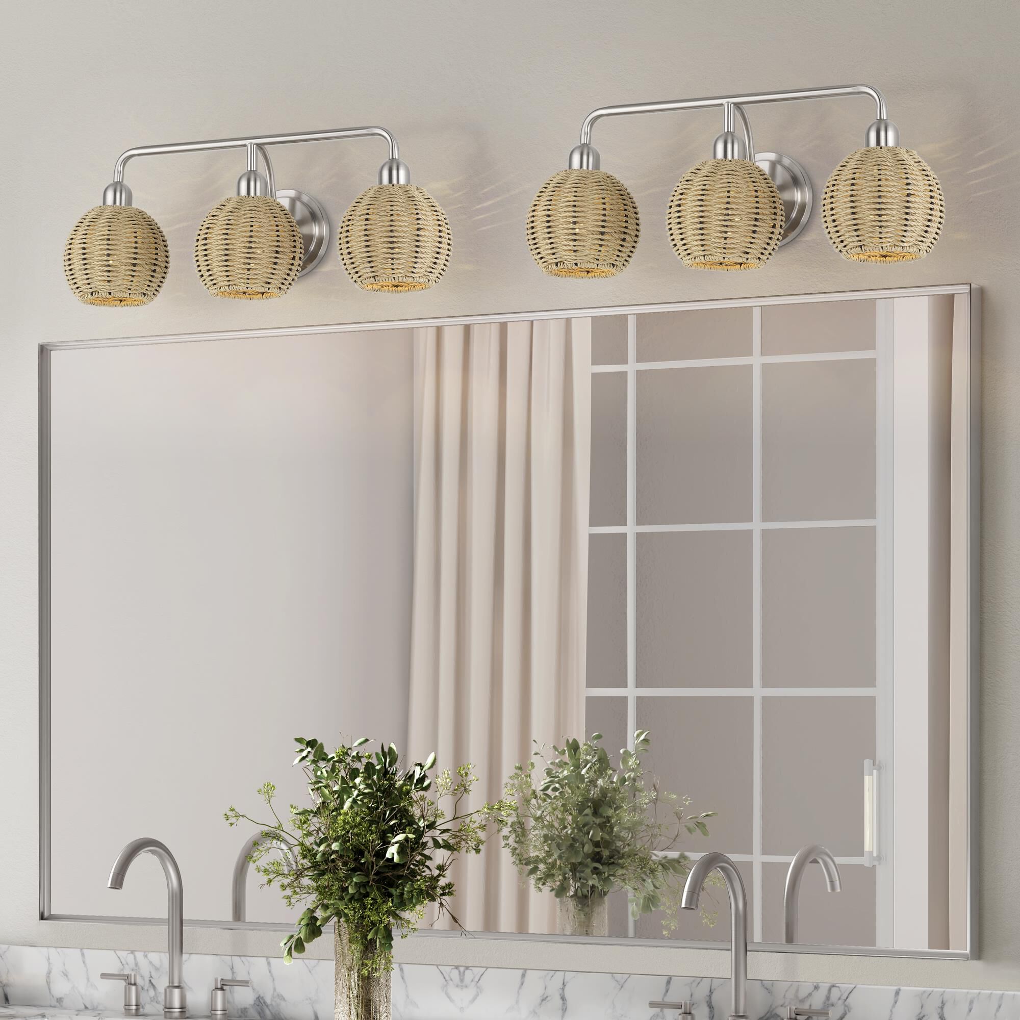 Shown in Brushed Nickel finish and Hand-Woven French Beige Paper Rope shade