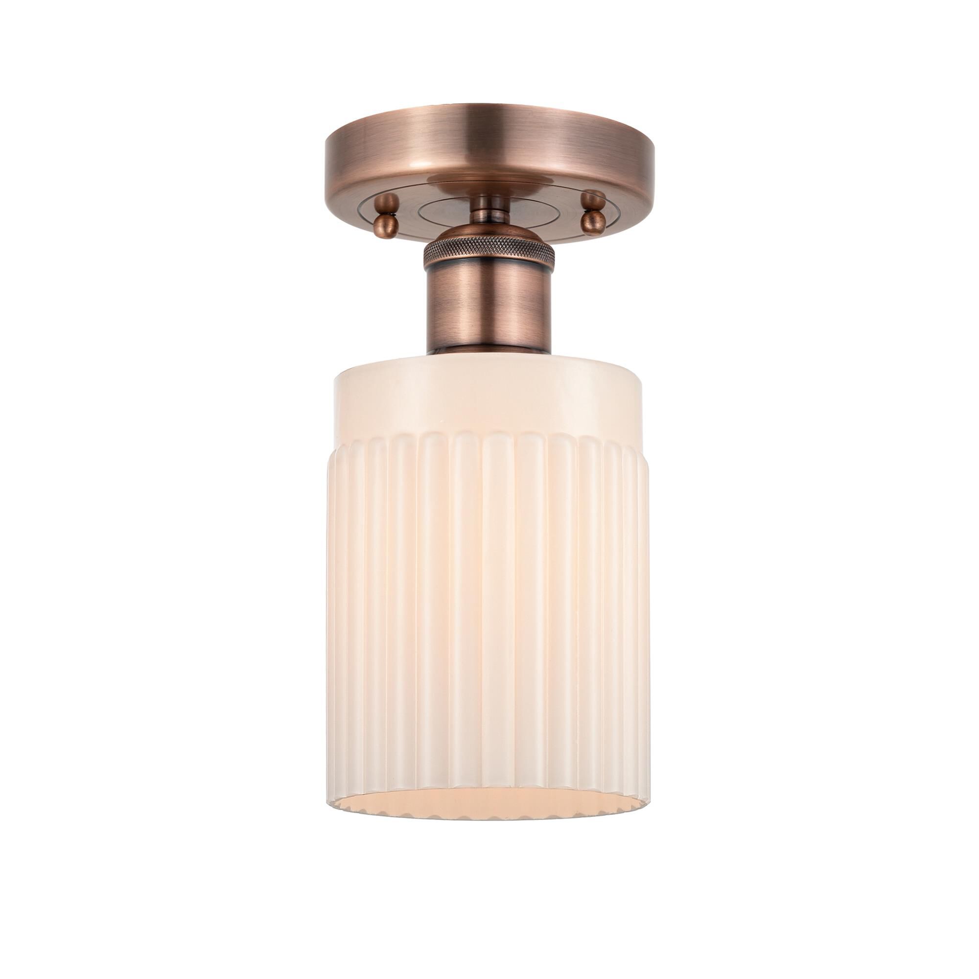 Shown in Antique Copper finish and Matte White glass